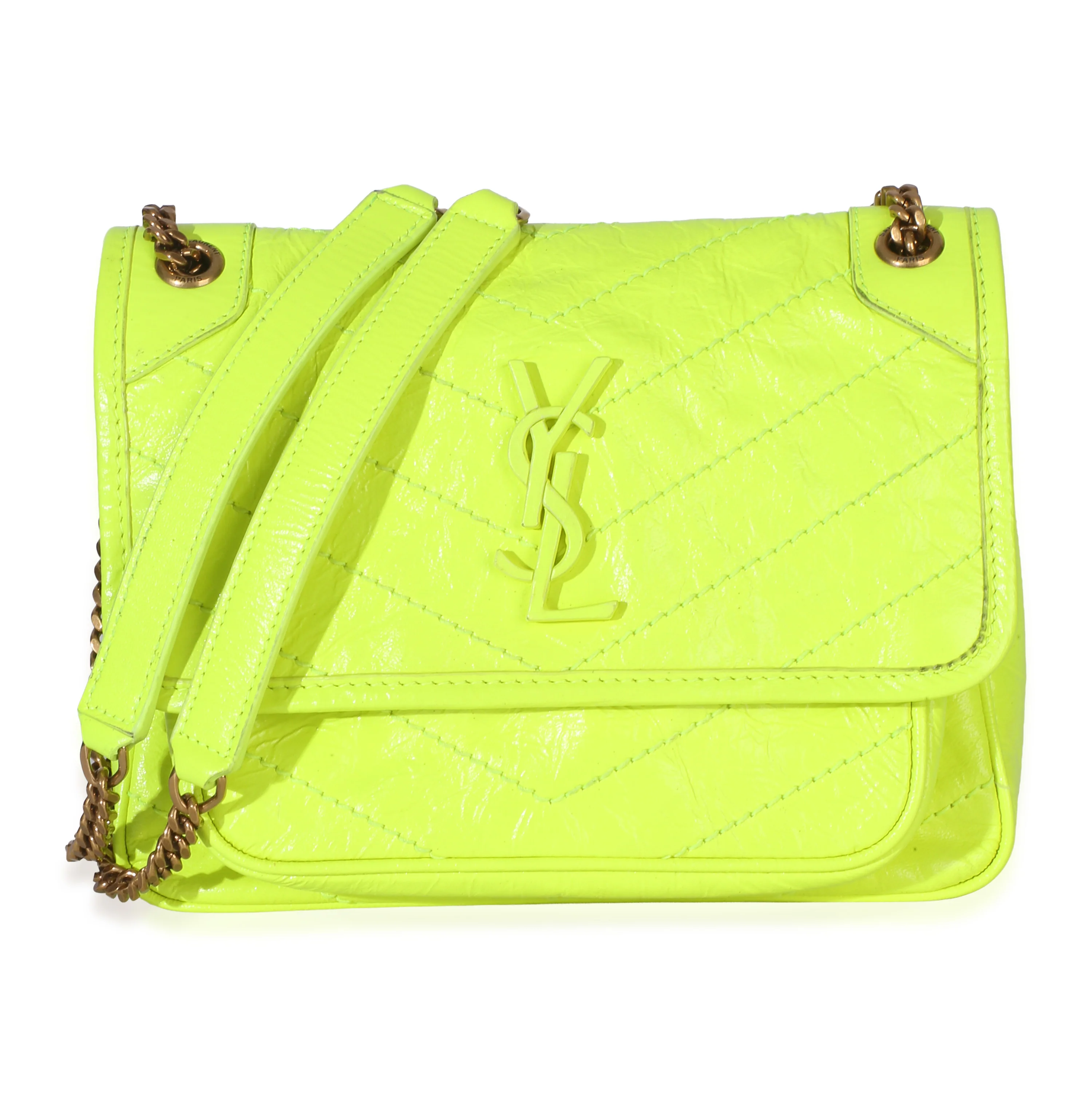 Yellow Crinkled Calfskin Matelasse Baby Niki Chain Satchel