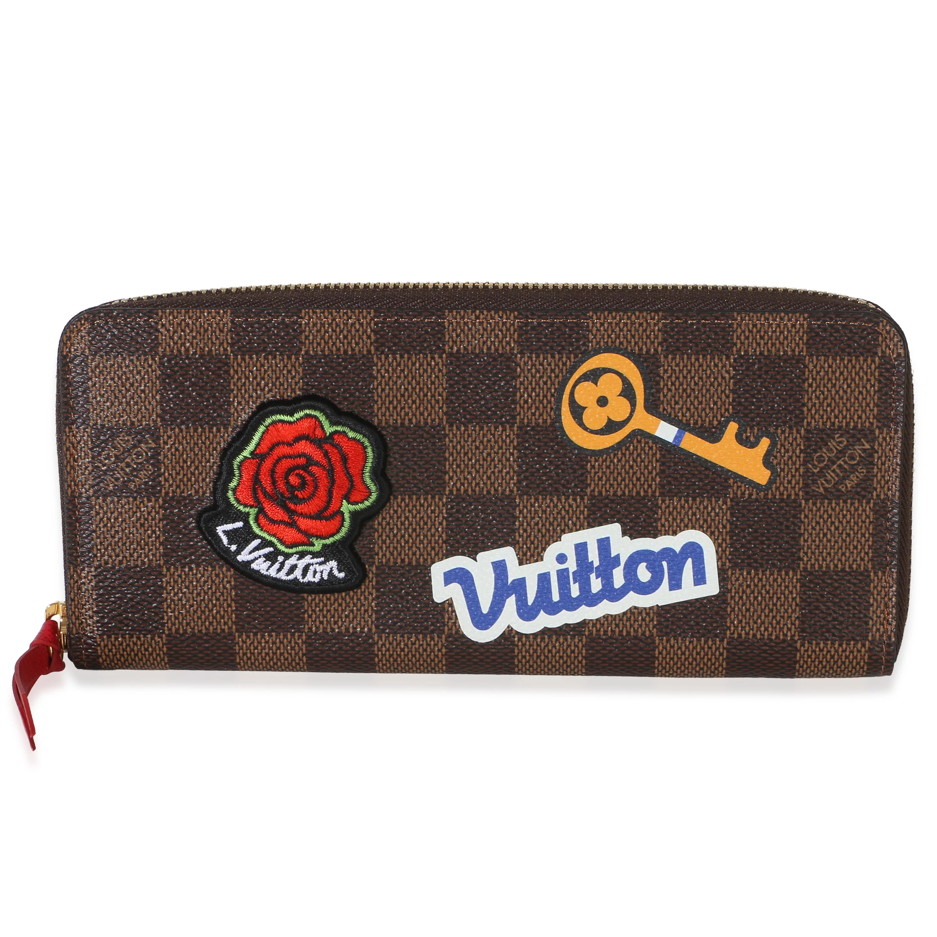 Red Damier Ebene Canvas Patches Clemence Wallet