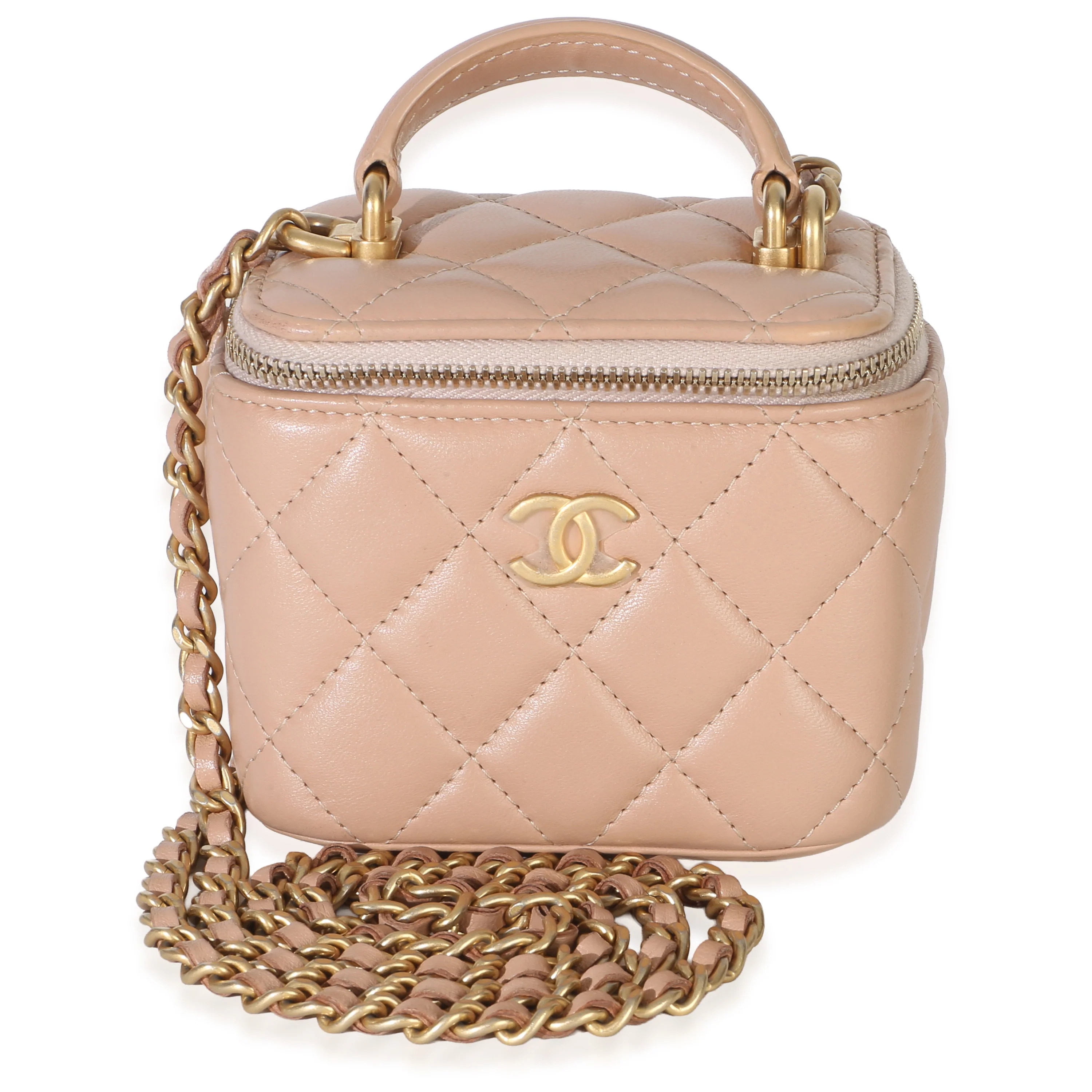 Beige Quilted Lambskin Mini Vanity Case With Chain