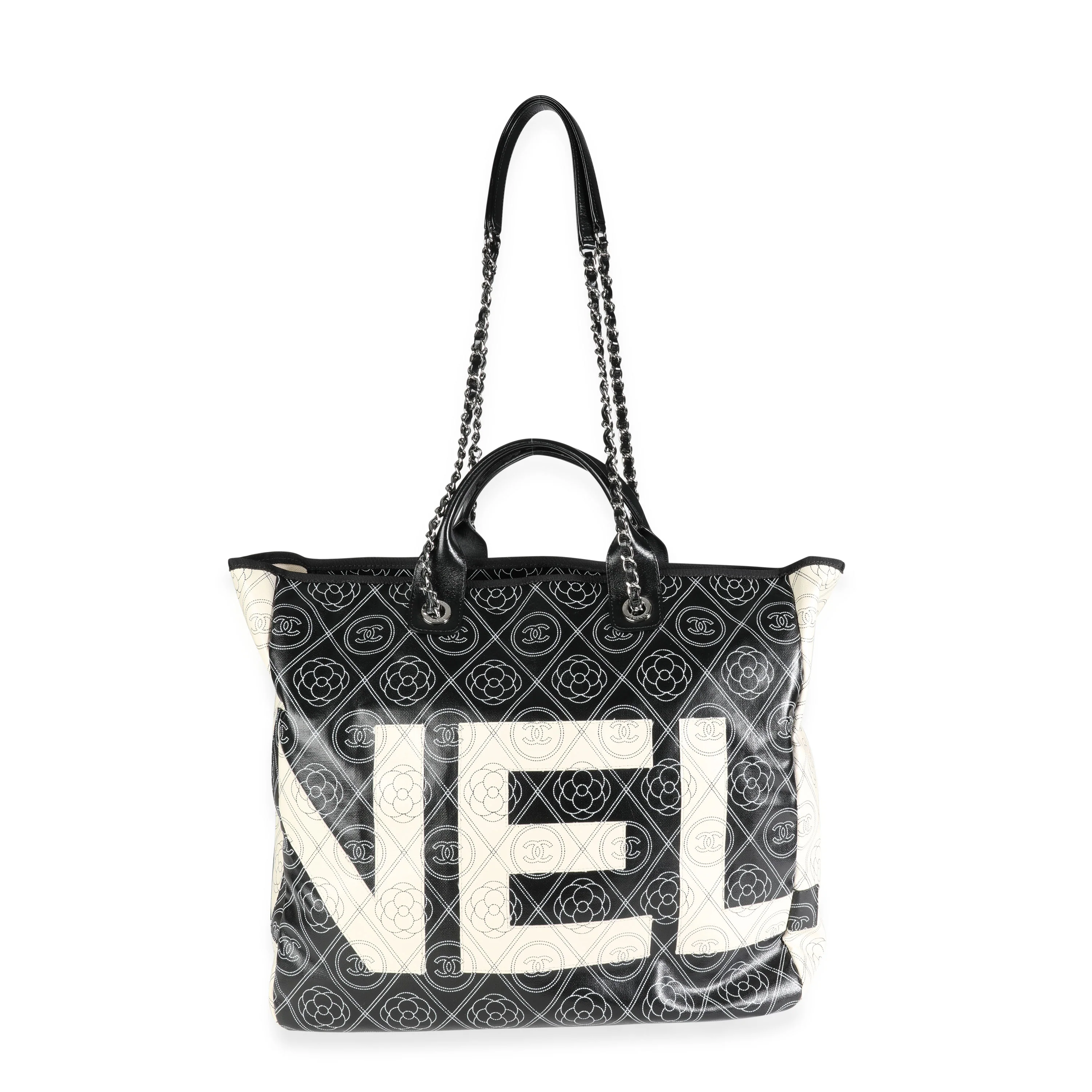 Black and Beige Coated Canvas and Leather Camellia & CC Print Shopper Tot - Image 4