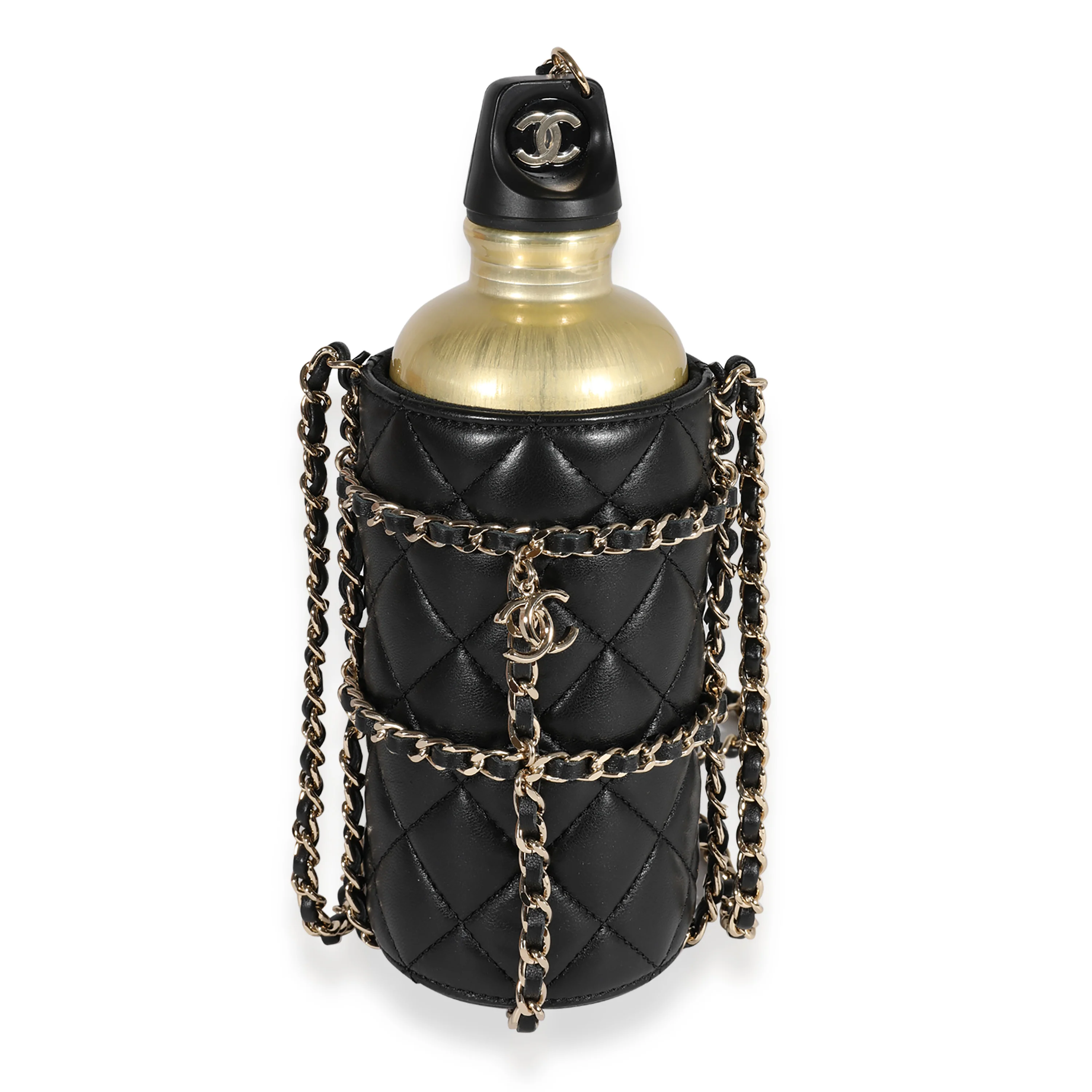Gold Metal Water Bottle & Black Quilted Lambskin Holder - Image 2