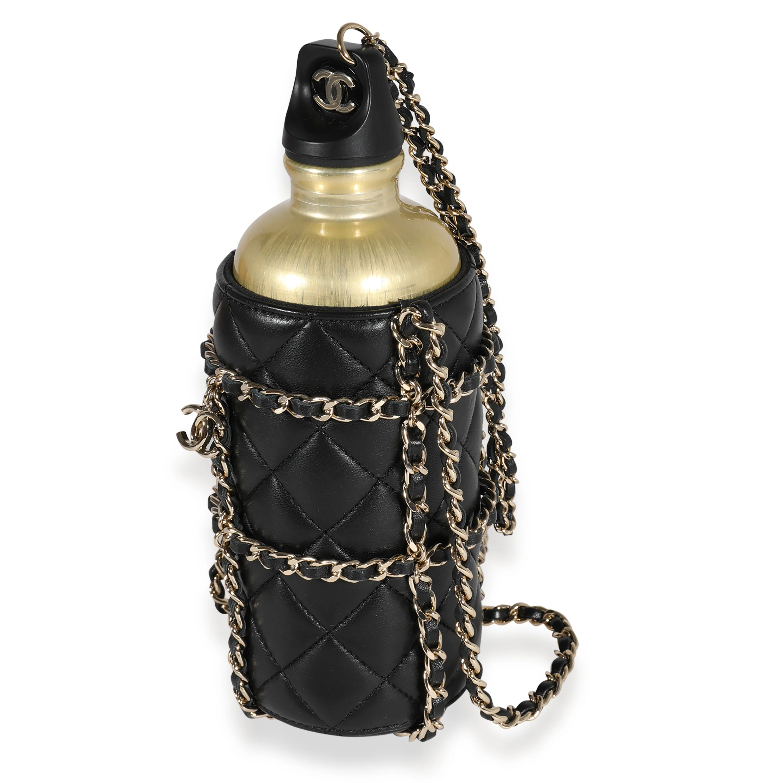 Gold Metal Water Bottle & Black Quilted Lambskin Holder - Image 3