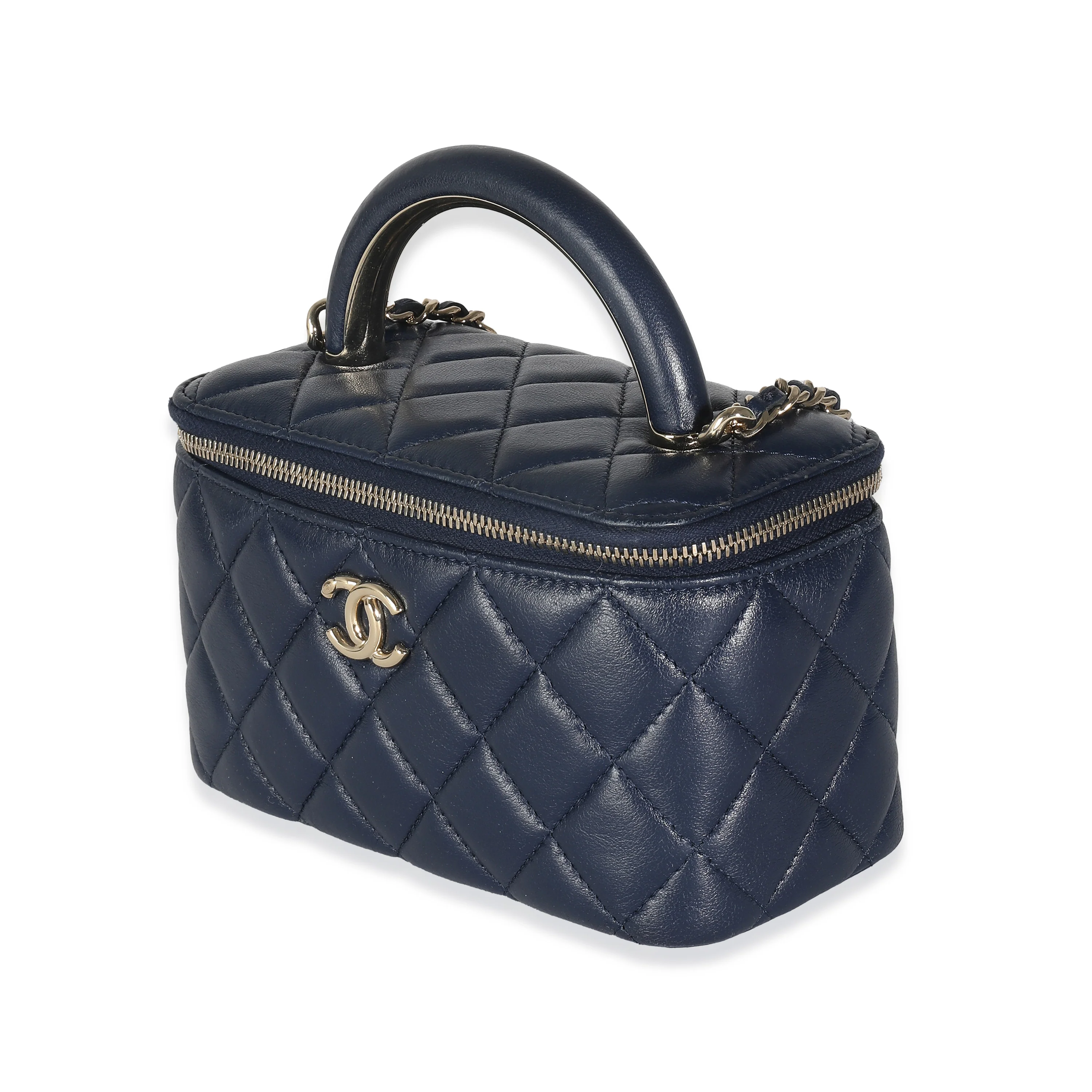 Navy Quilted Lambskin Top Handle Vanity Case With Chain - Image 2