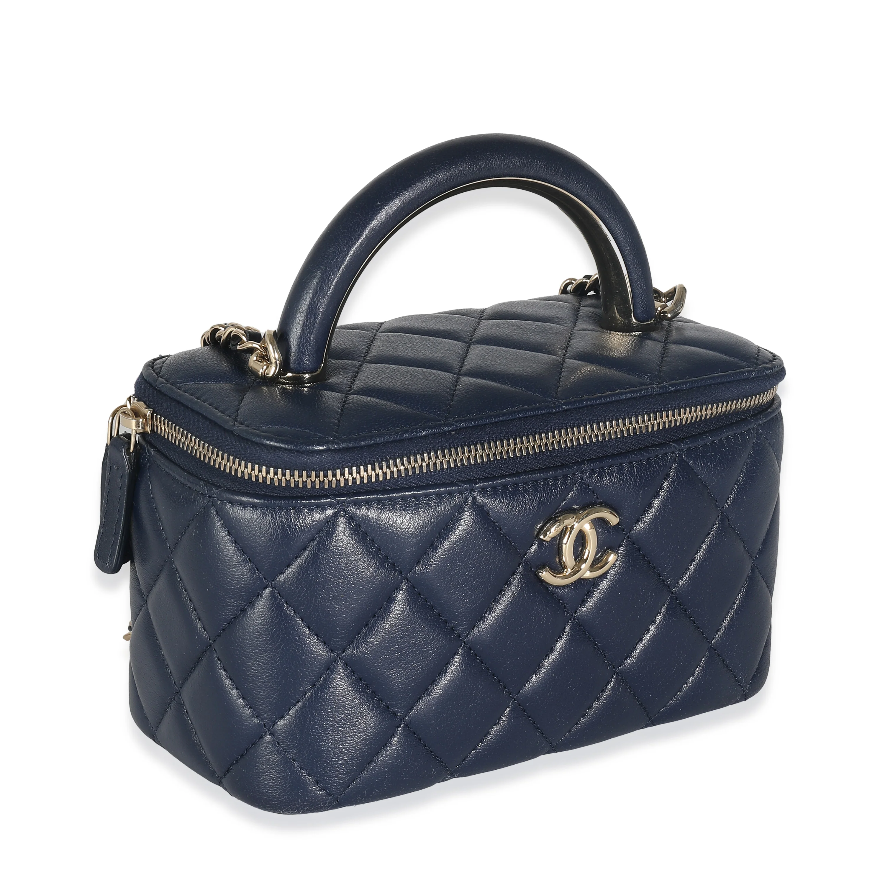 Navy Quilted Lambskin Top Handle Vanity Case With Chain - Image 3