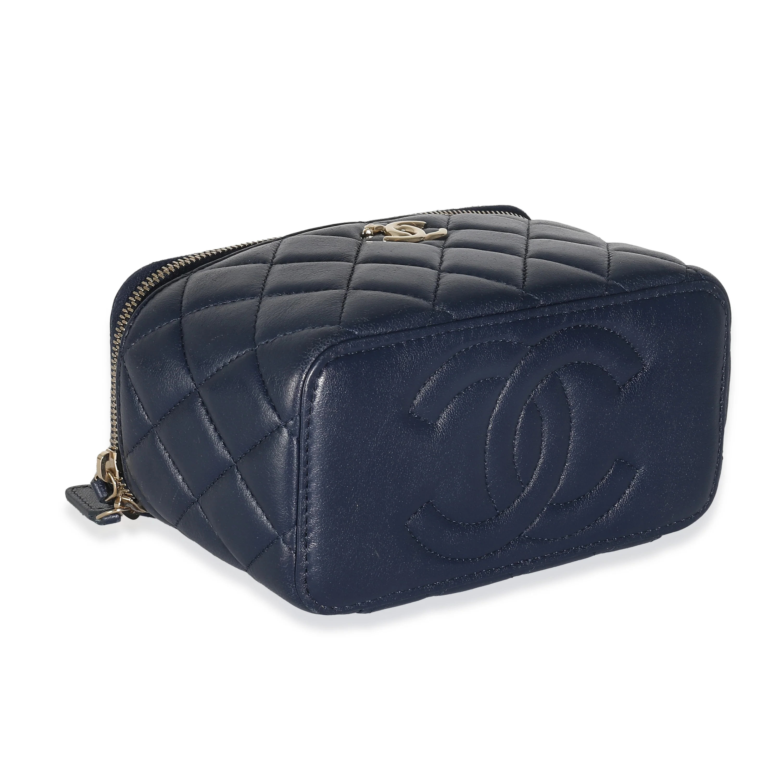Navy Quilted Lambskin Top Handle Vanity Case With Chain - Image 4