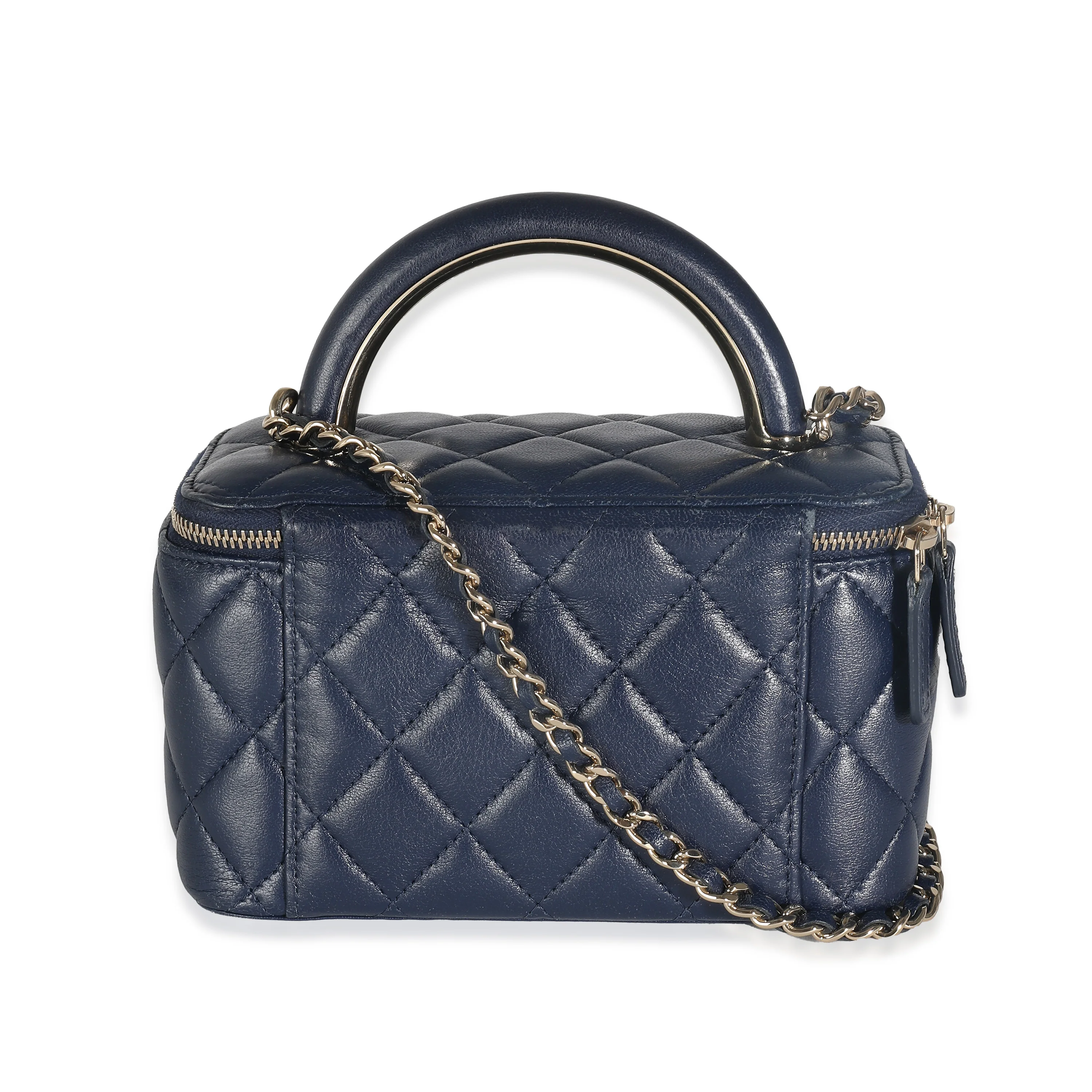 Navy Quilted Lambskin Top Handle Vanity Case With Chain - Image 5