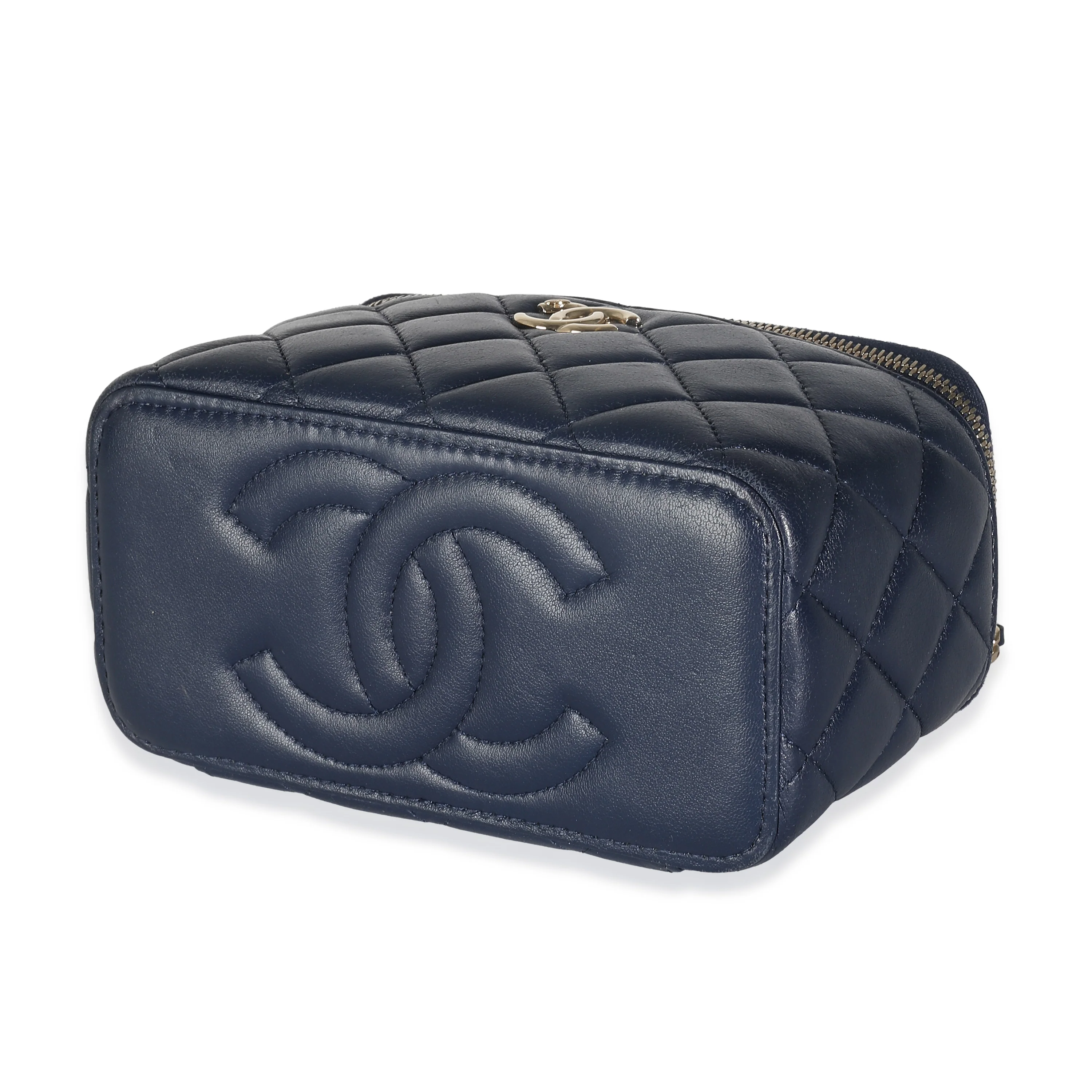 Navy Quilted Lambskin Top Handle Vanity Case With Chain - Image 6