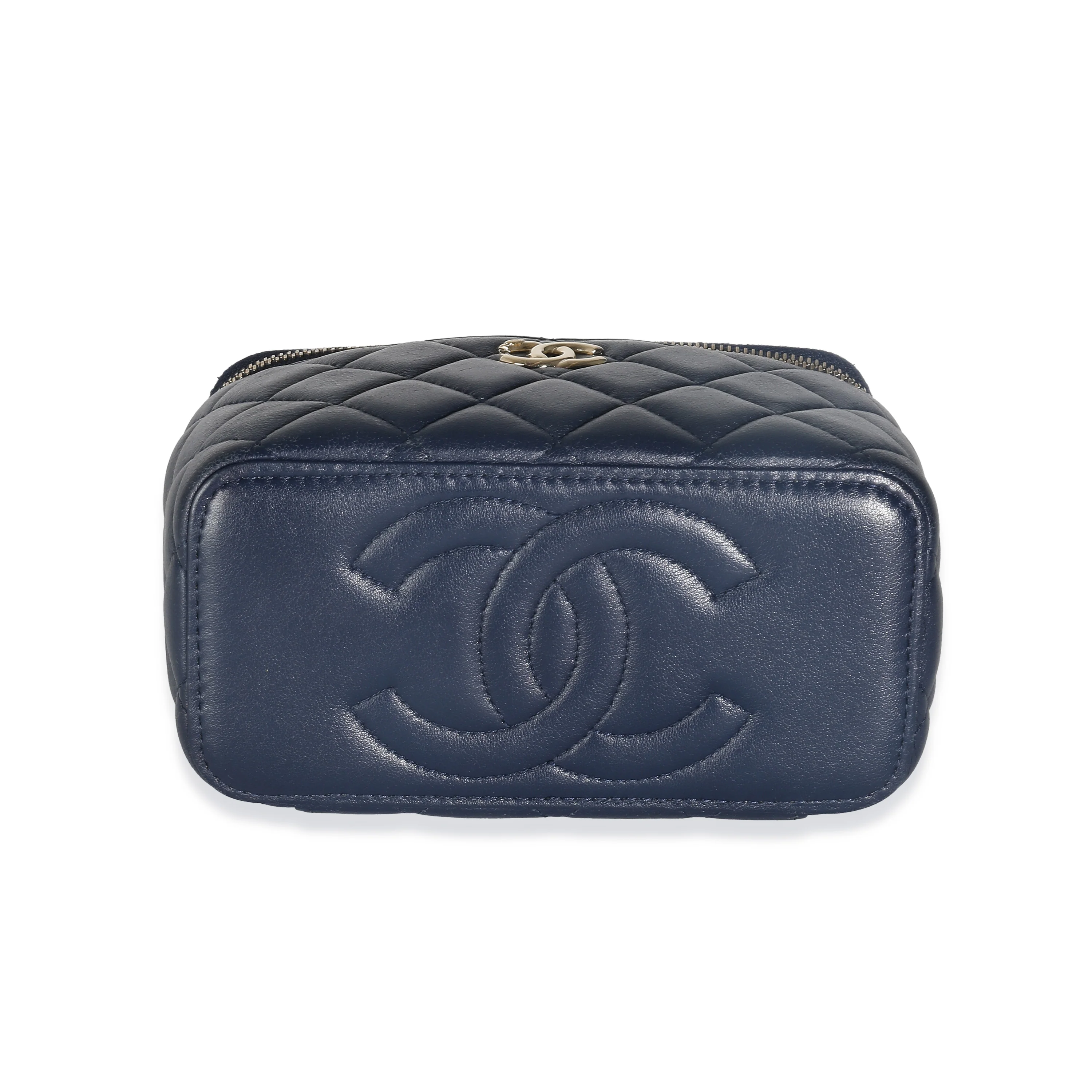 Navy Quilted Lambskin Top Handle Vanity Case With Chain - Image 7
