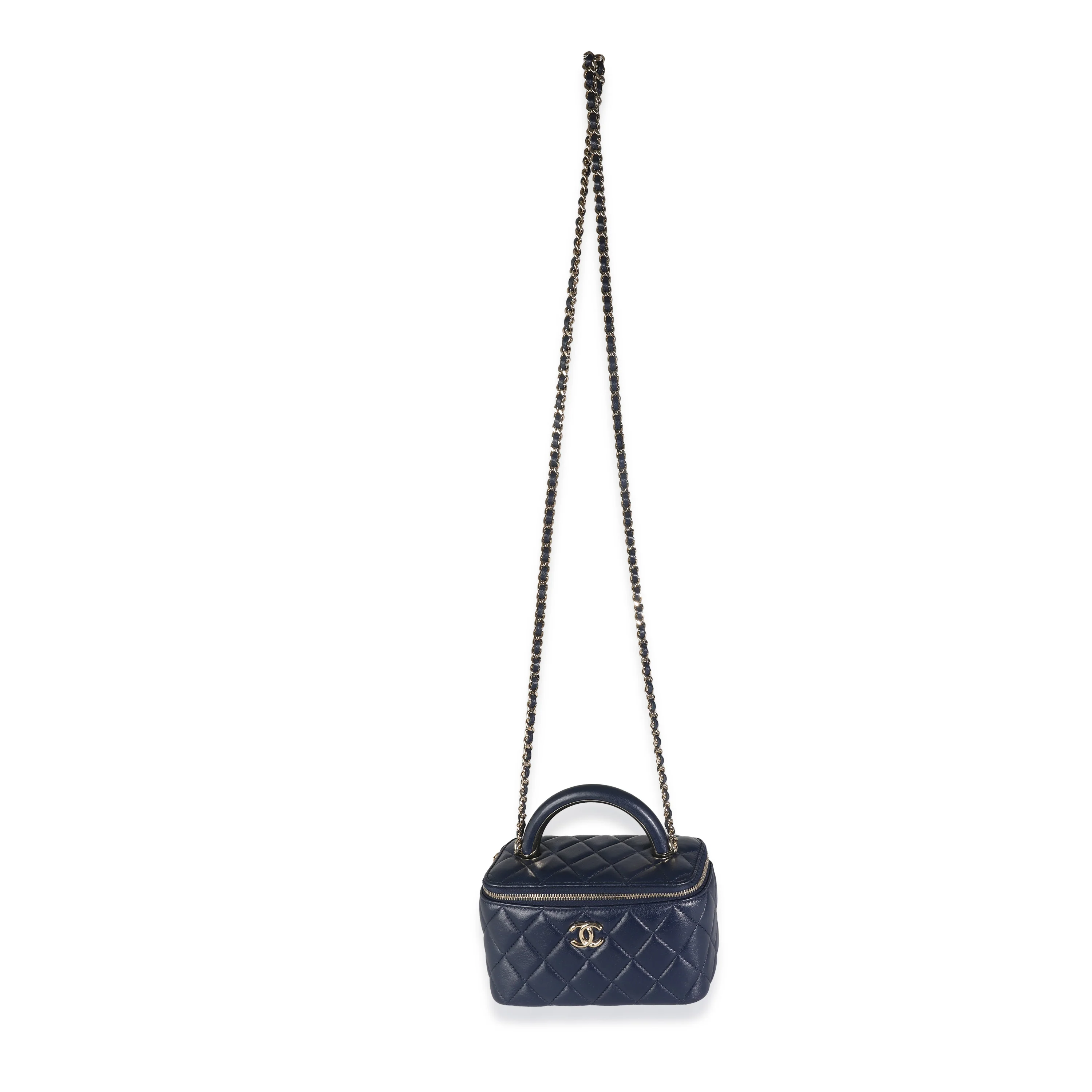 Navy Quilted Lambskin Top Handle Vanity Case With Chain - Image 8