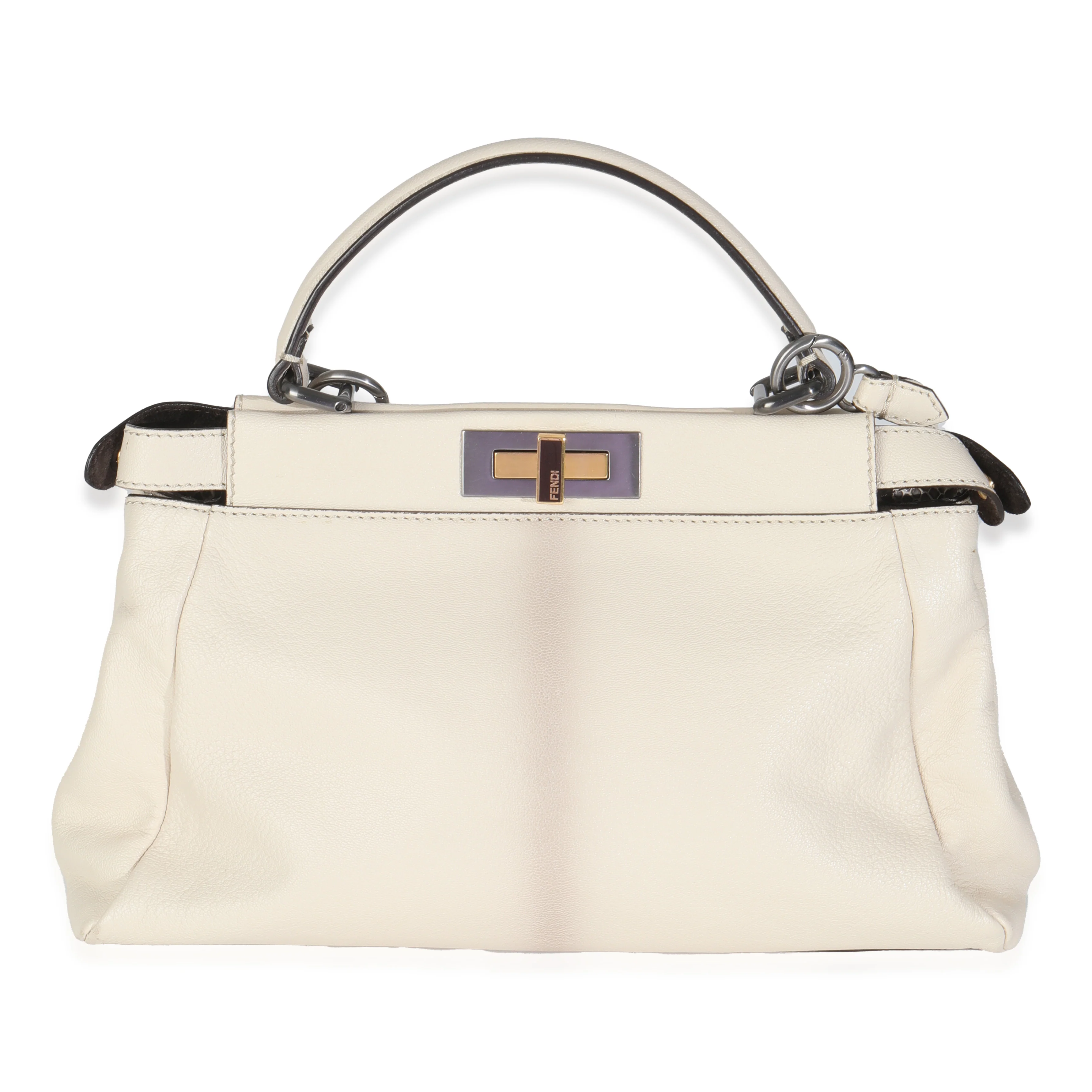 White Goatskin Beige Python Medium Peekaboo Iconic Satchel