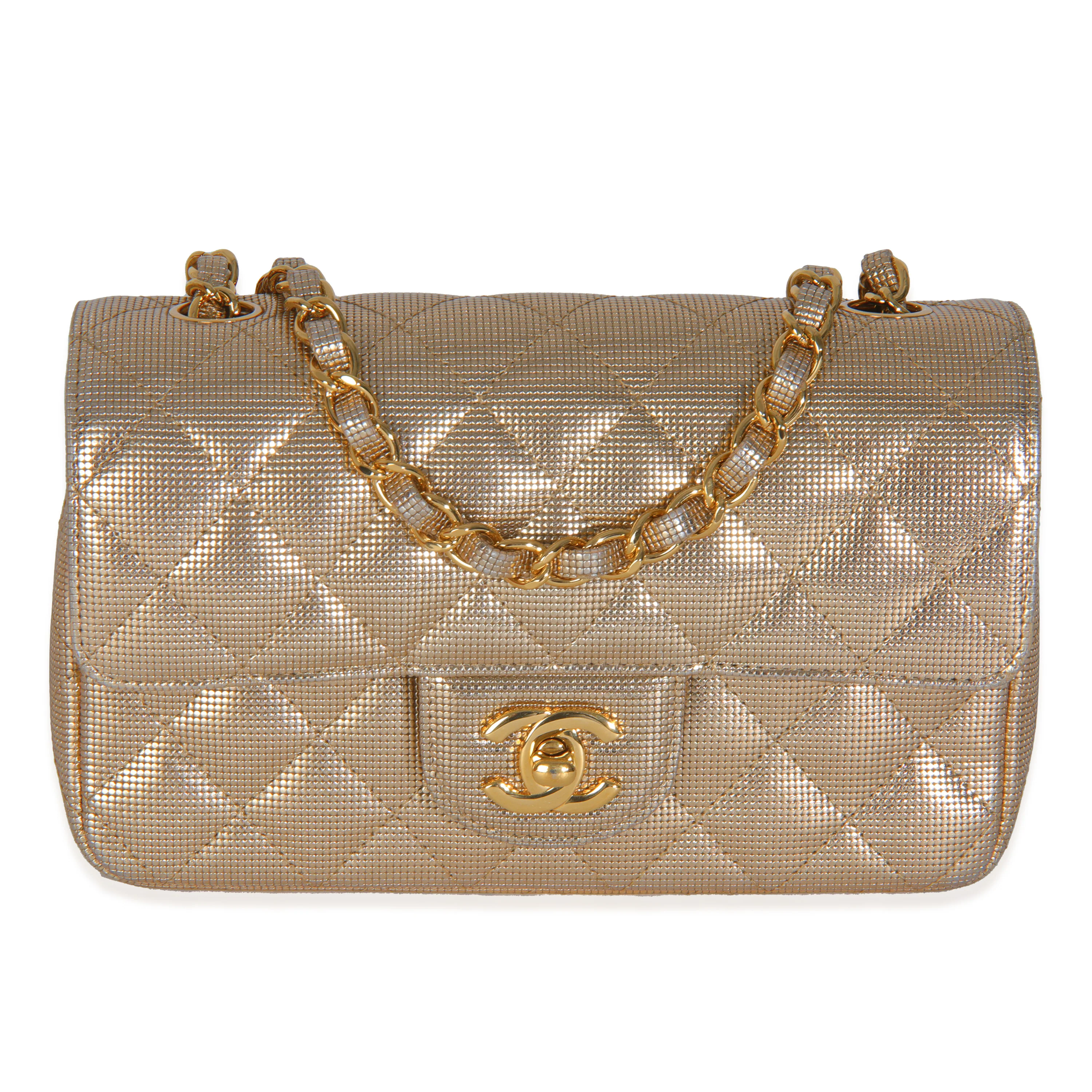 Gold Metallic Lambskin Perforated Mini Rectangular Flap Bag