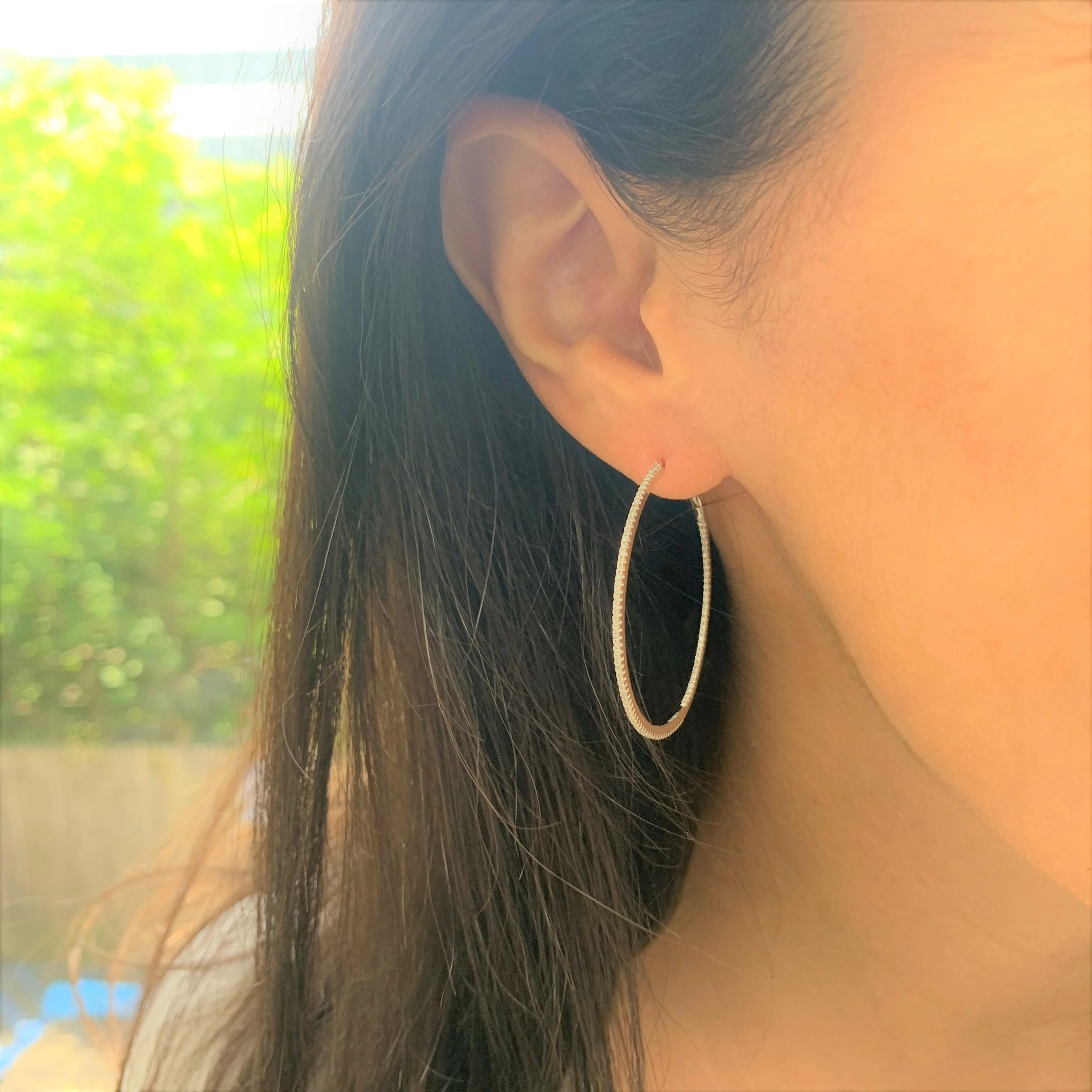 14k Yellow Gold & Diamond Skinny Hoop Earrings 1.5 - Image 2