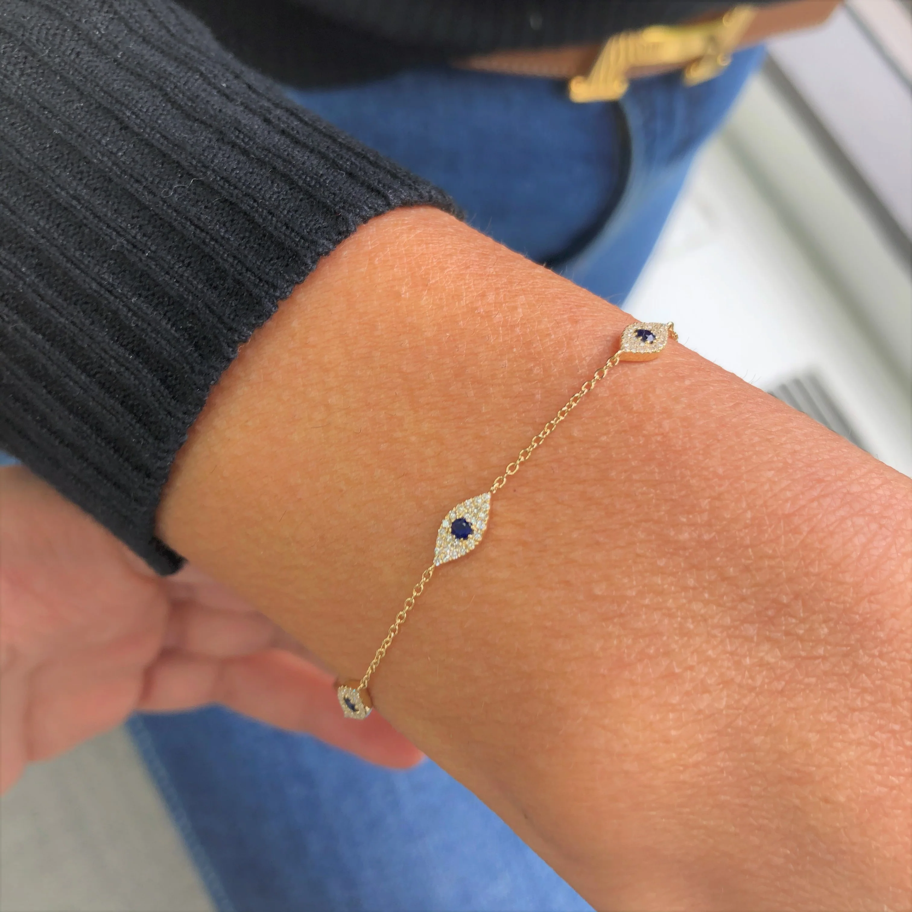 14k Yellow Gold Sapphire & Diamond Evil Eye Bracelet - Image 2