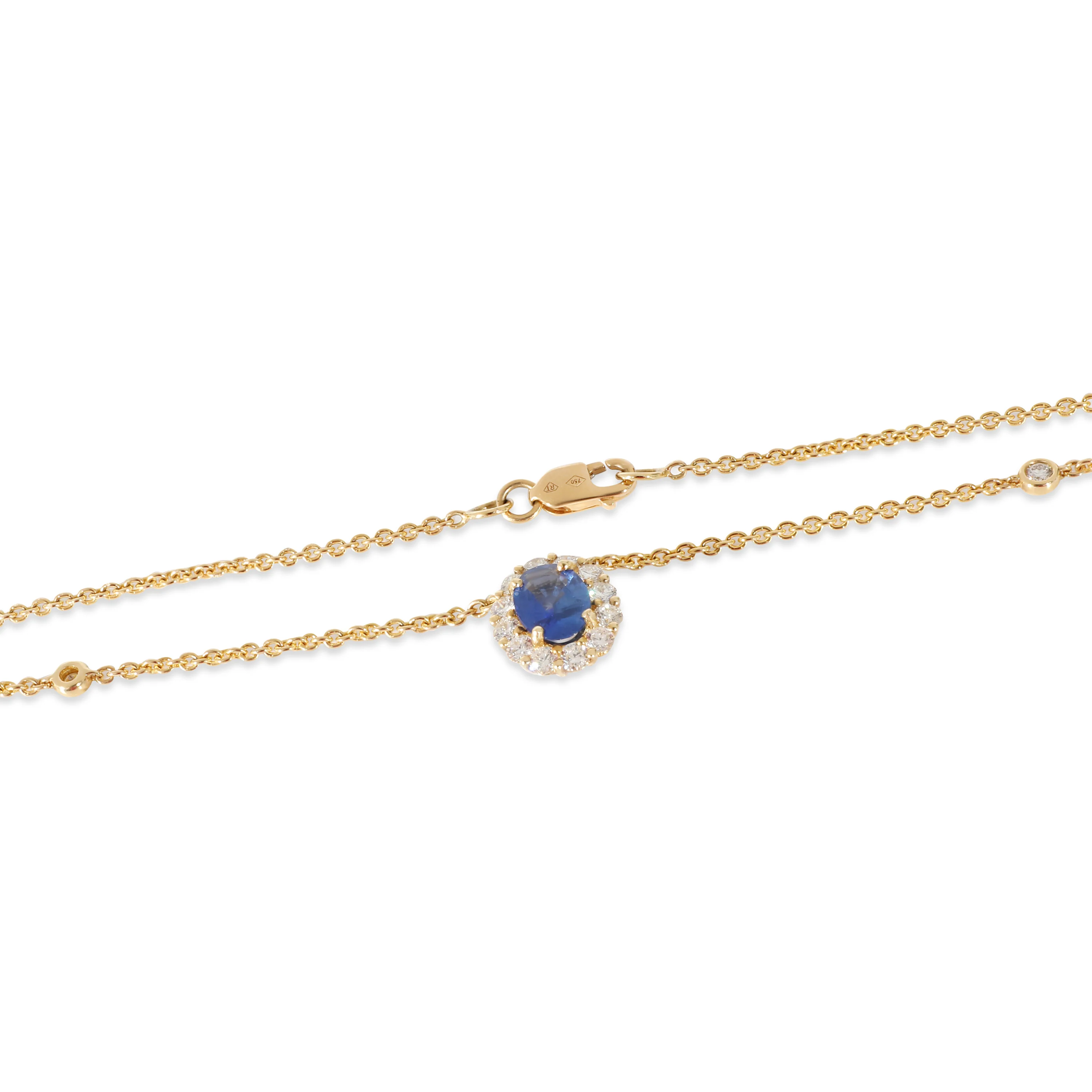 18K Yellow Gold Sapphire and Diamond Halo Pendant on Diamond Station Chain - Image 2