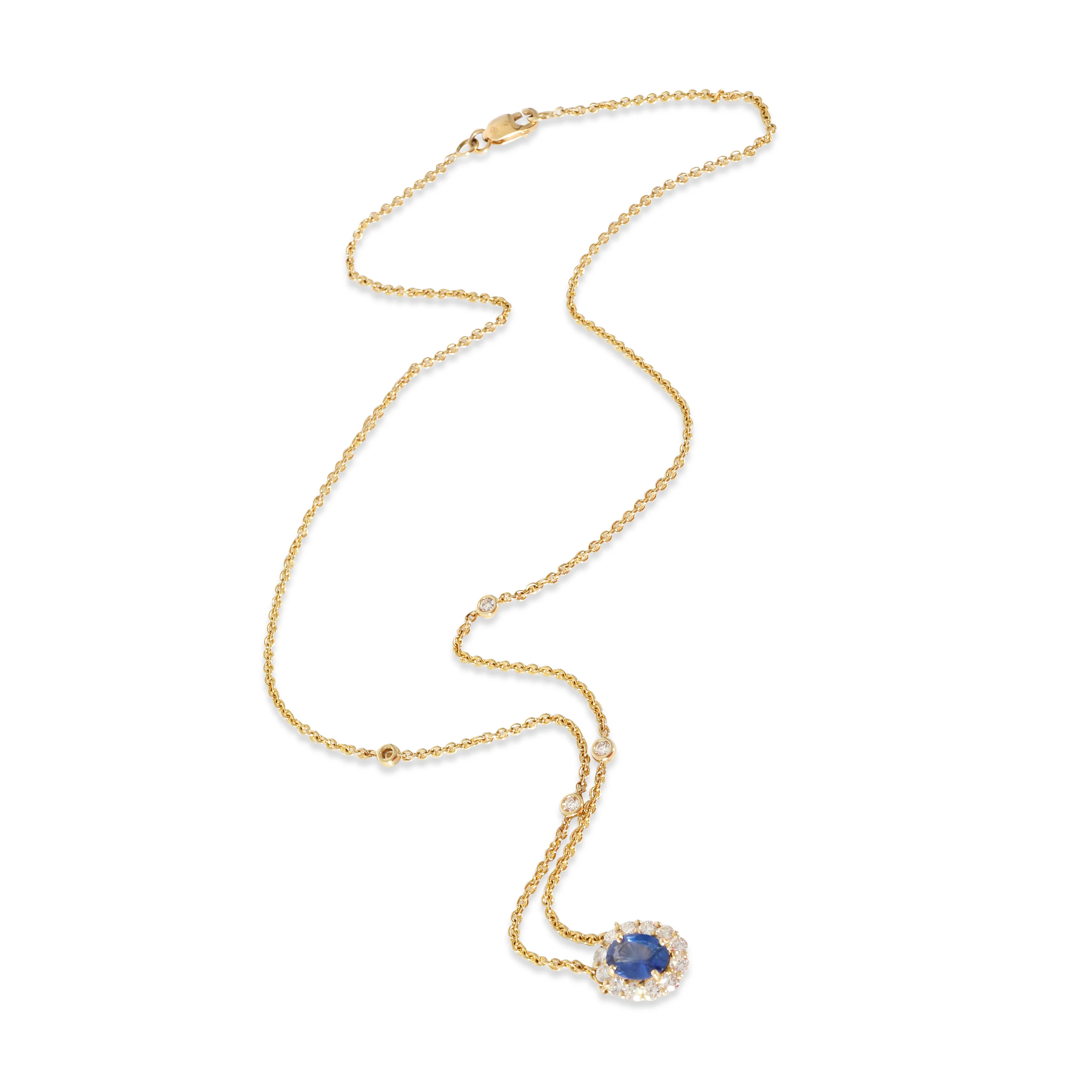18K Yellow Gold Sapphire and Diamond Halo Pendant on Diamond Station Chain - Image 3