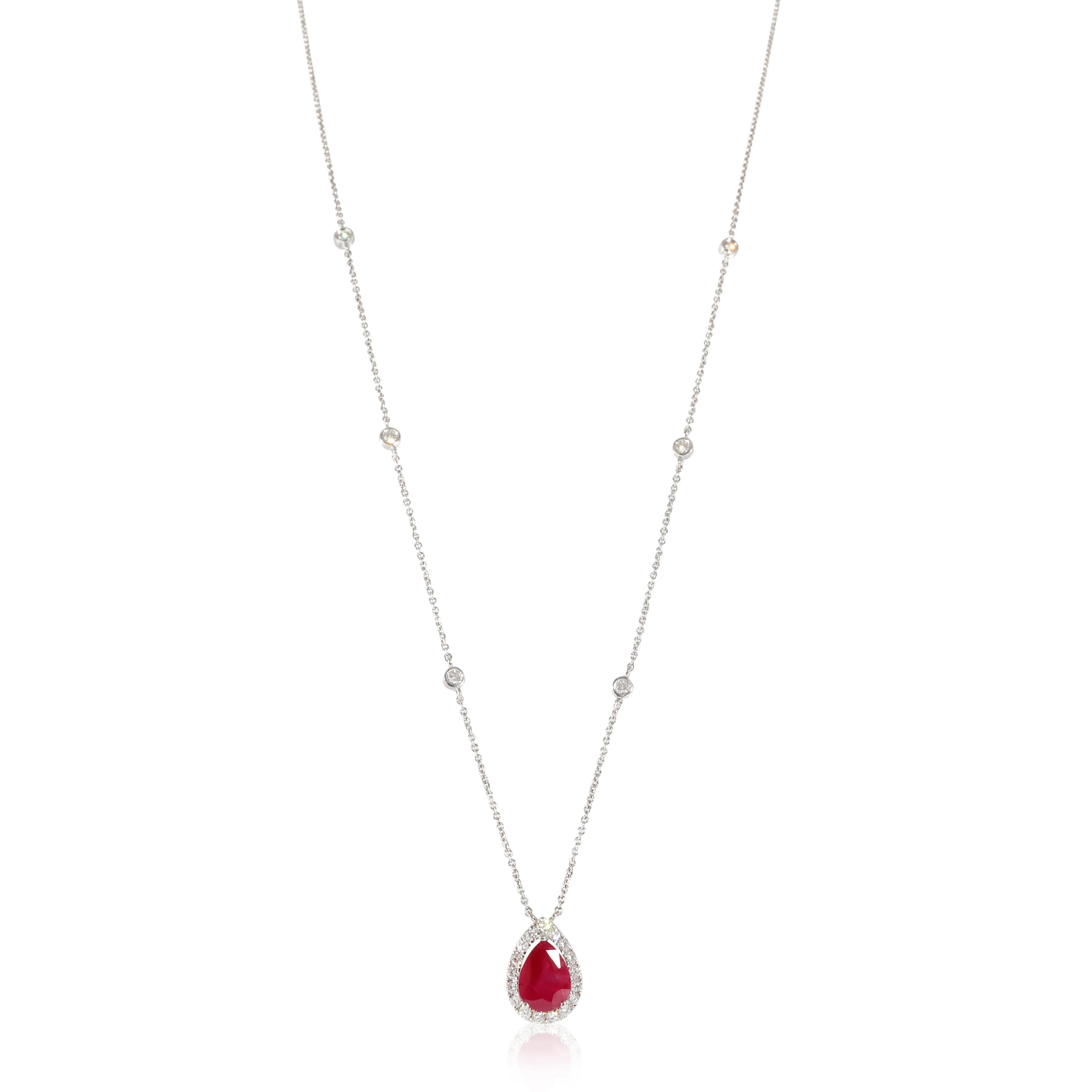 18K White Gold Ruby Halo Pendant With Diamond Chain, .30 Ctw.