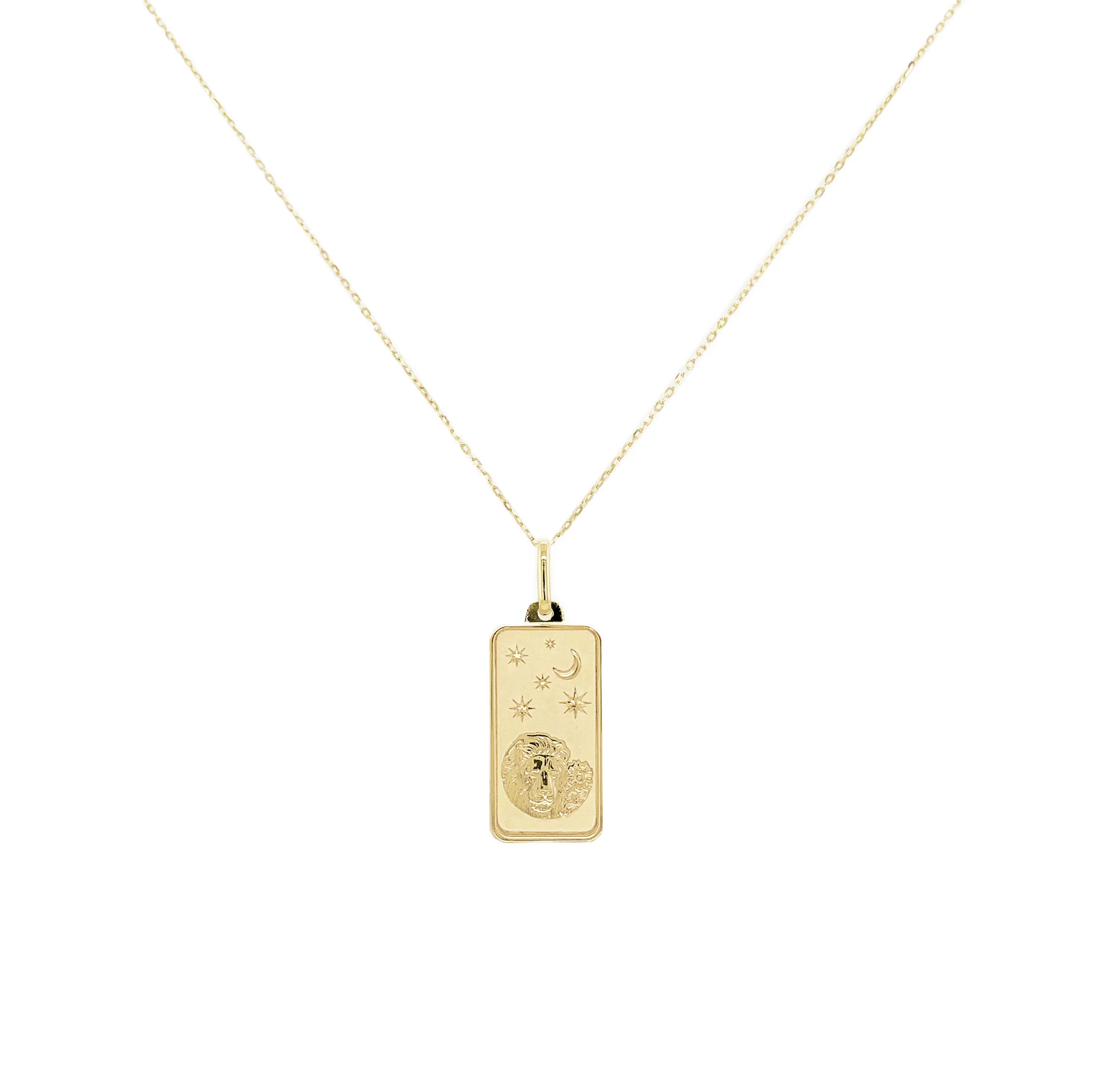 Leo Zodiac Dog Tag Necklace in 14K Yellow Gold