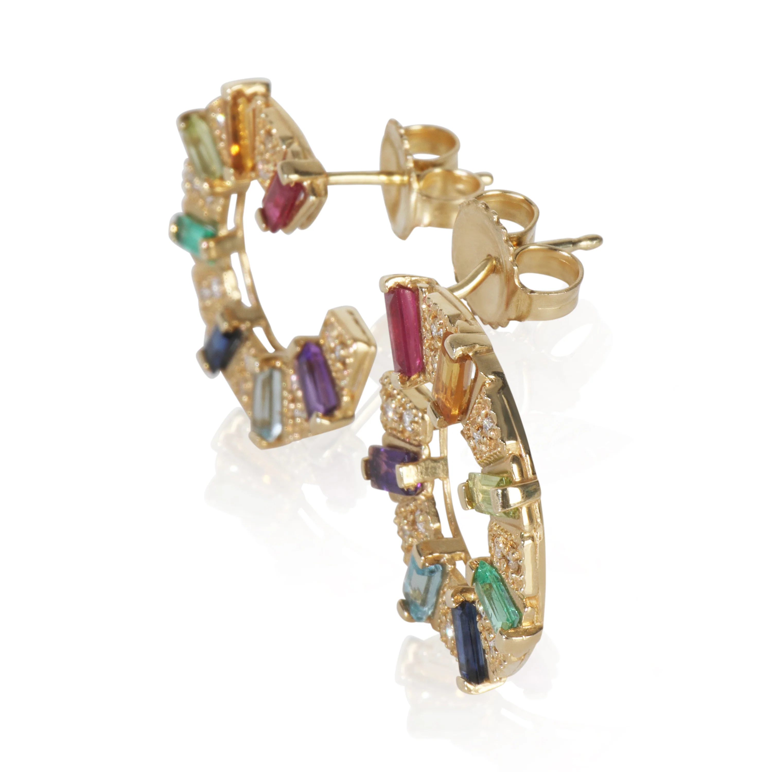 Yellow Gold Diamond & Rainbow Gemstone Earrings - Image 2