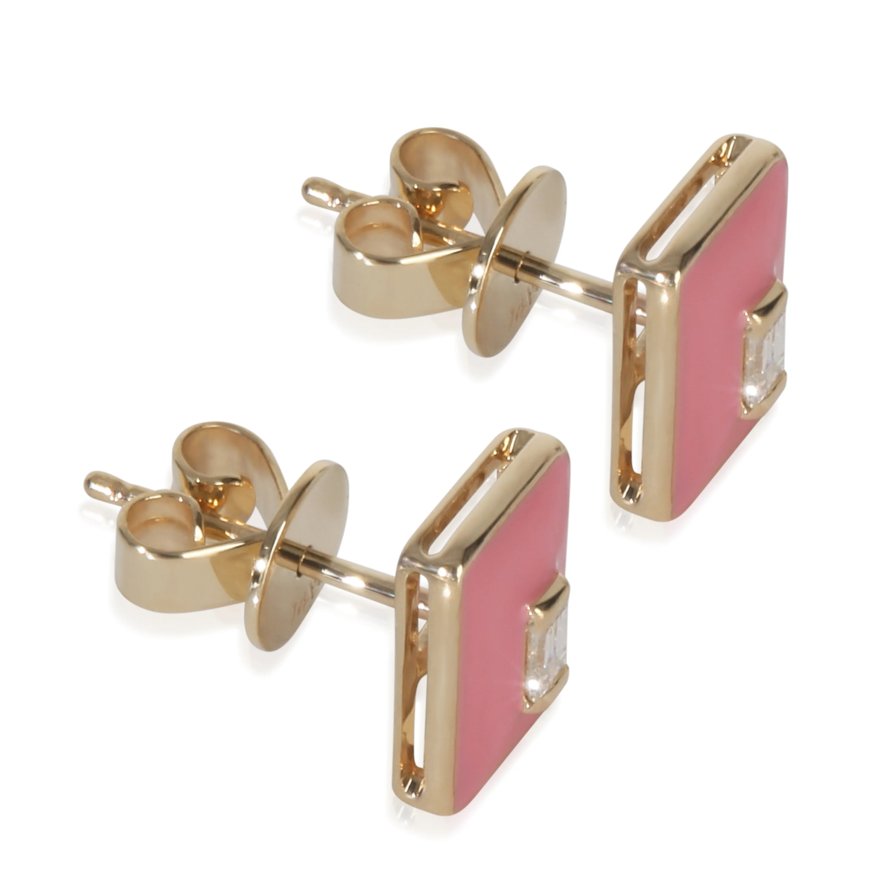 Yellow Gold Diamond & Pink Enamel Earrings - Image 2