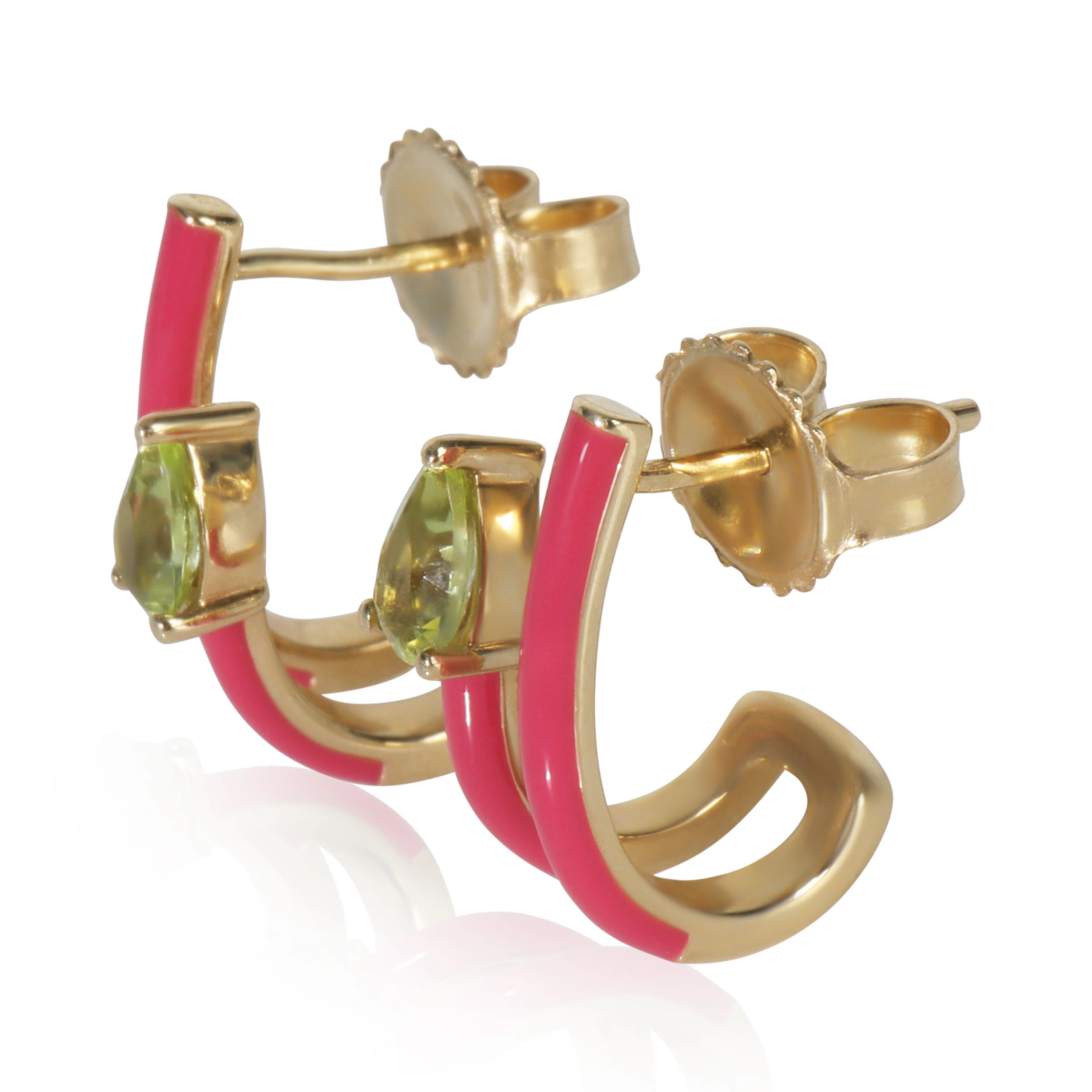 Yellow Gold Peridot & Pink Enamel J Hoop Earrings - Image 2