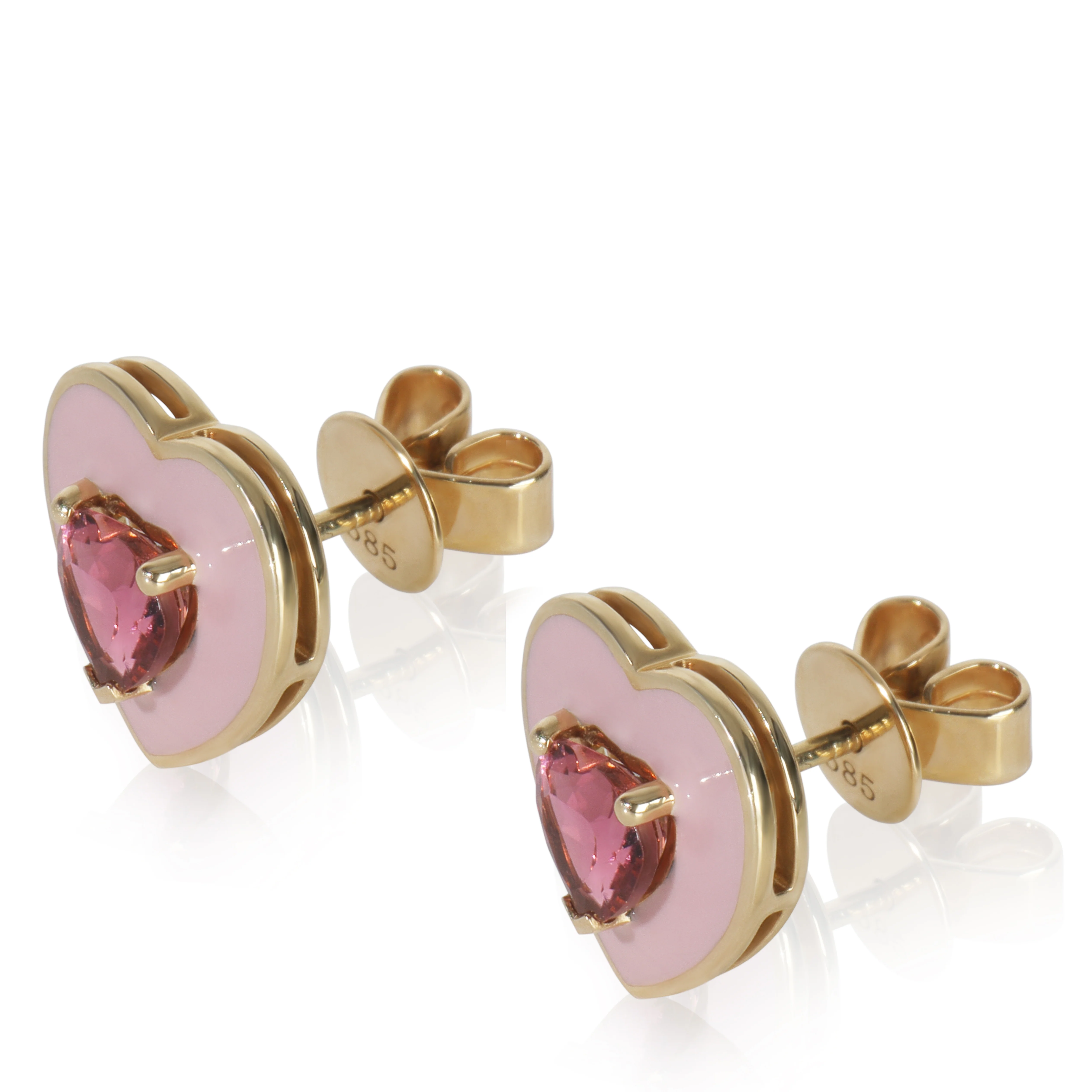 Yellow Gold Tourmaline Pink Enamel Heart Earrings - Image 2