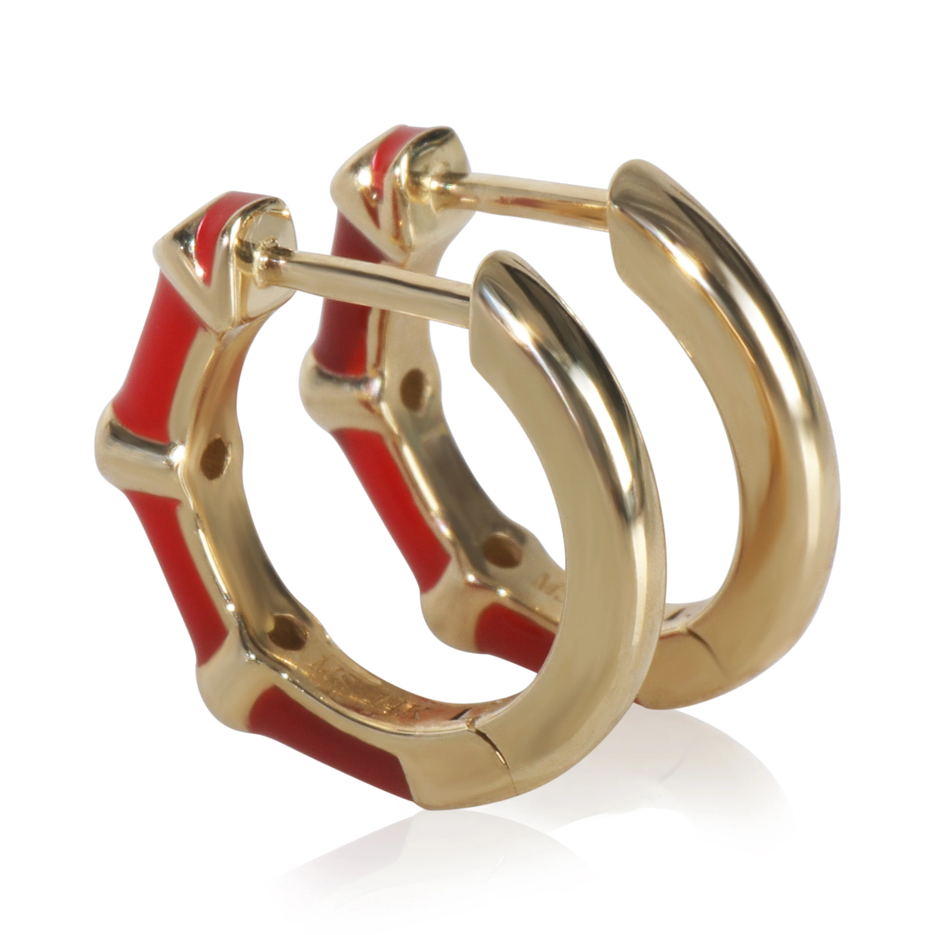 Yellow Gold Diamond Red Enamel Huggie Earrings - Image 4