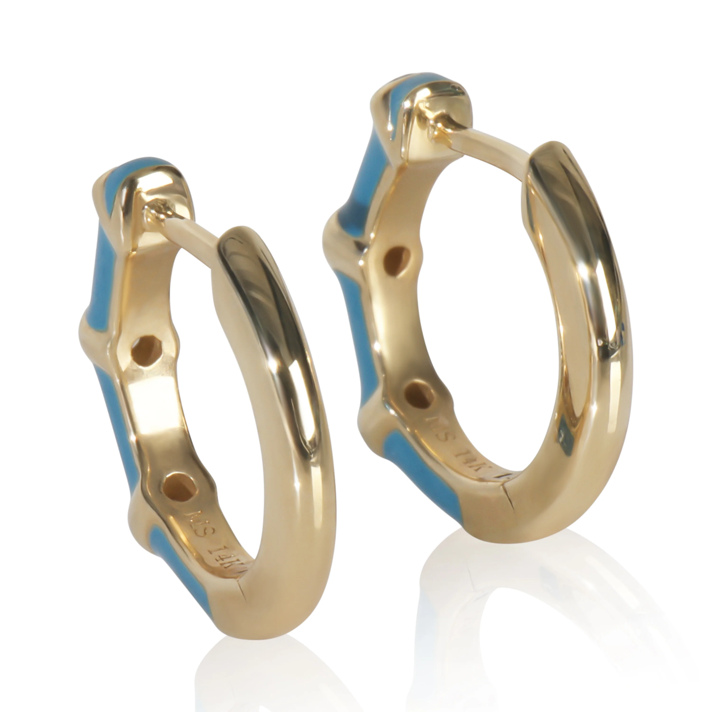 Yellow Gold Diamond Blue Enamel Huggie Earrings - Image 3