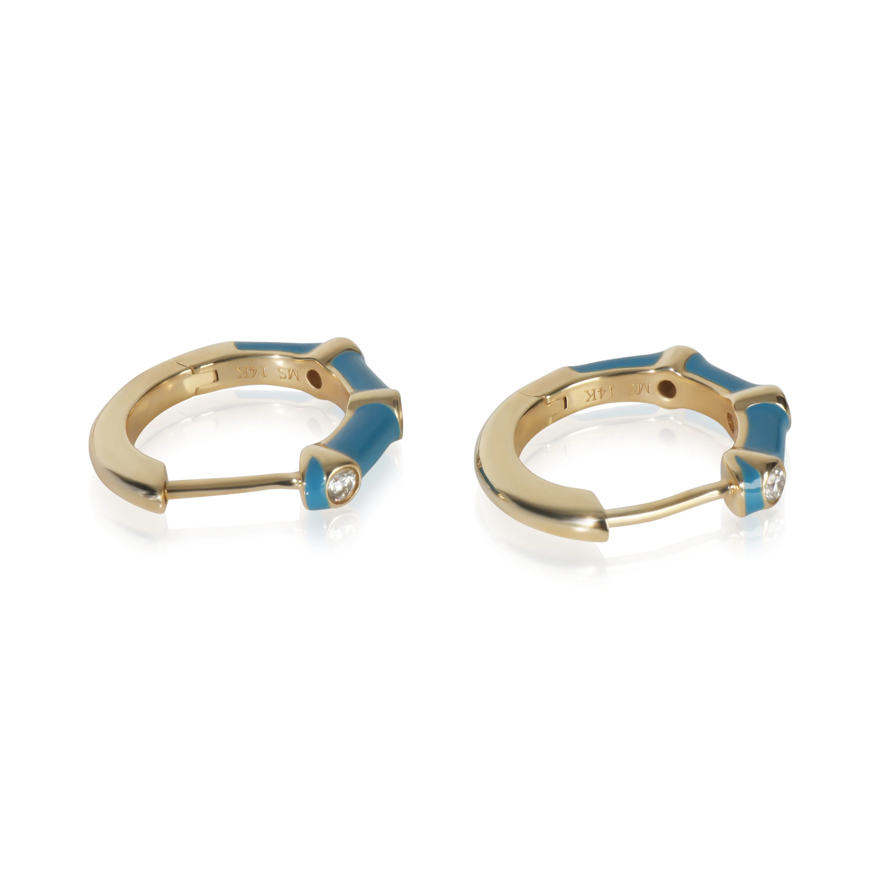 Yellow Gold Diamond Blue Enamel Huggie Earrings - Image 4