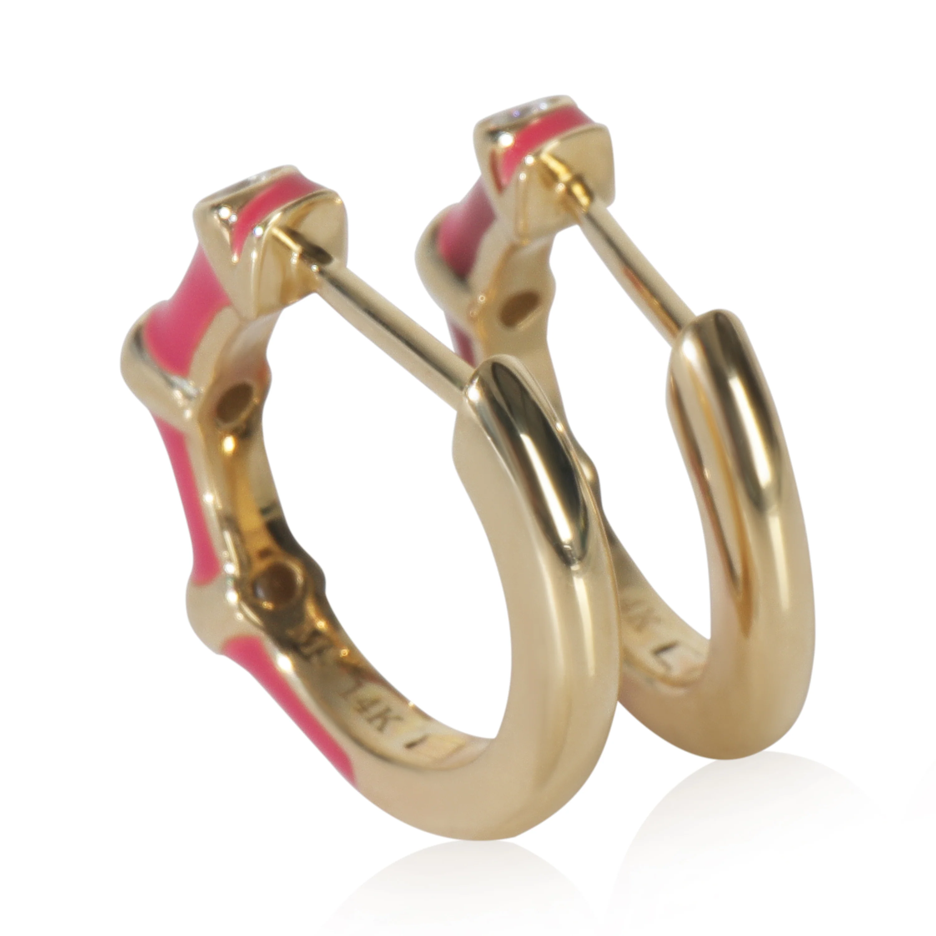 Yellow Gold Diamond Fuchsia Enamel Huggie Earrings - Image 4