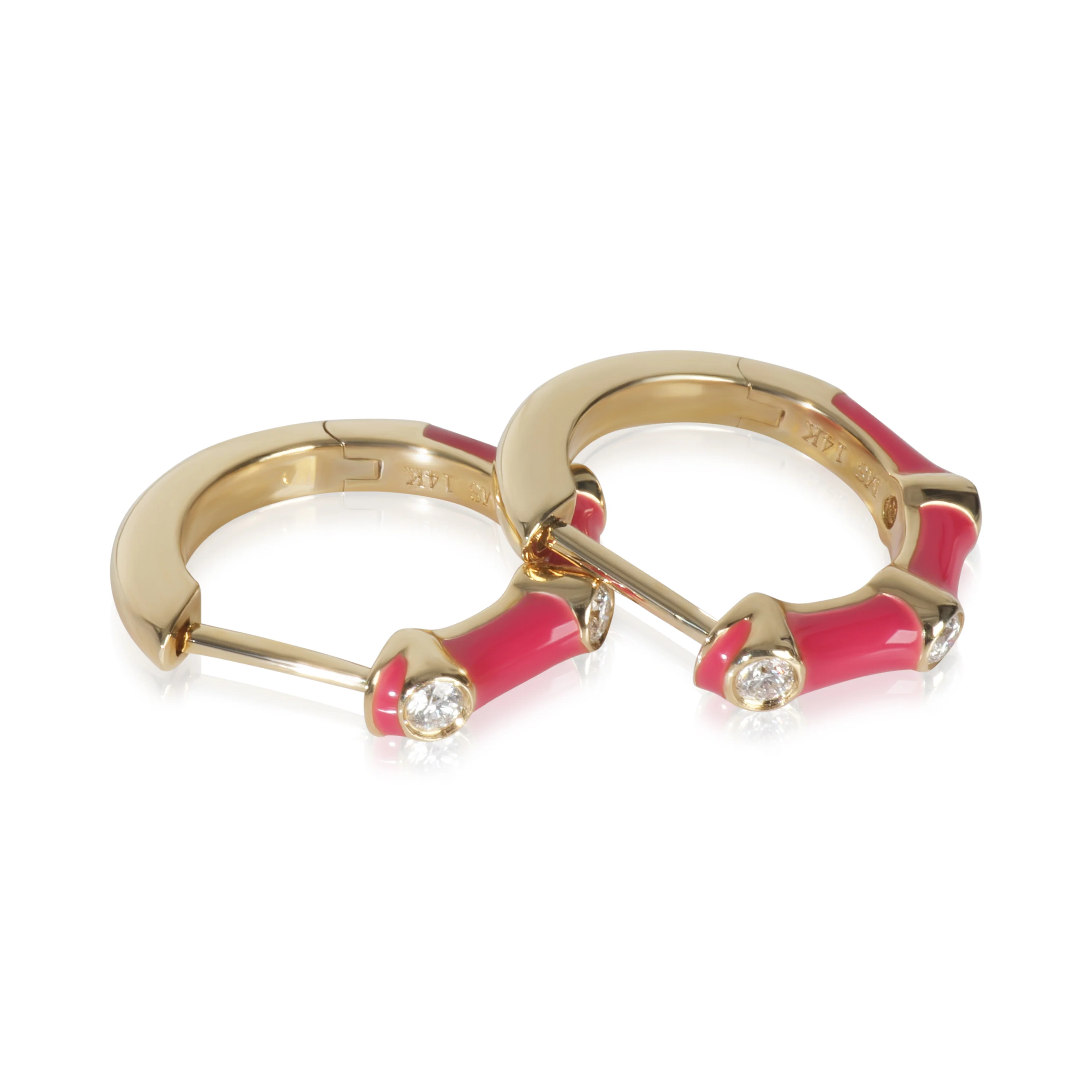 Yellow Gold Diamond Fuchsia Enamel Huggie Earrings - Image 5