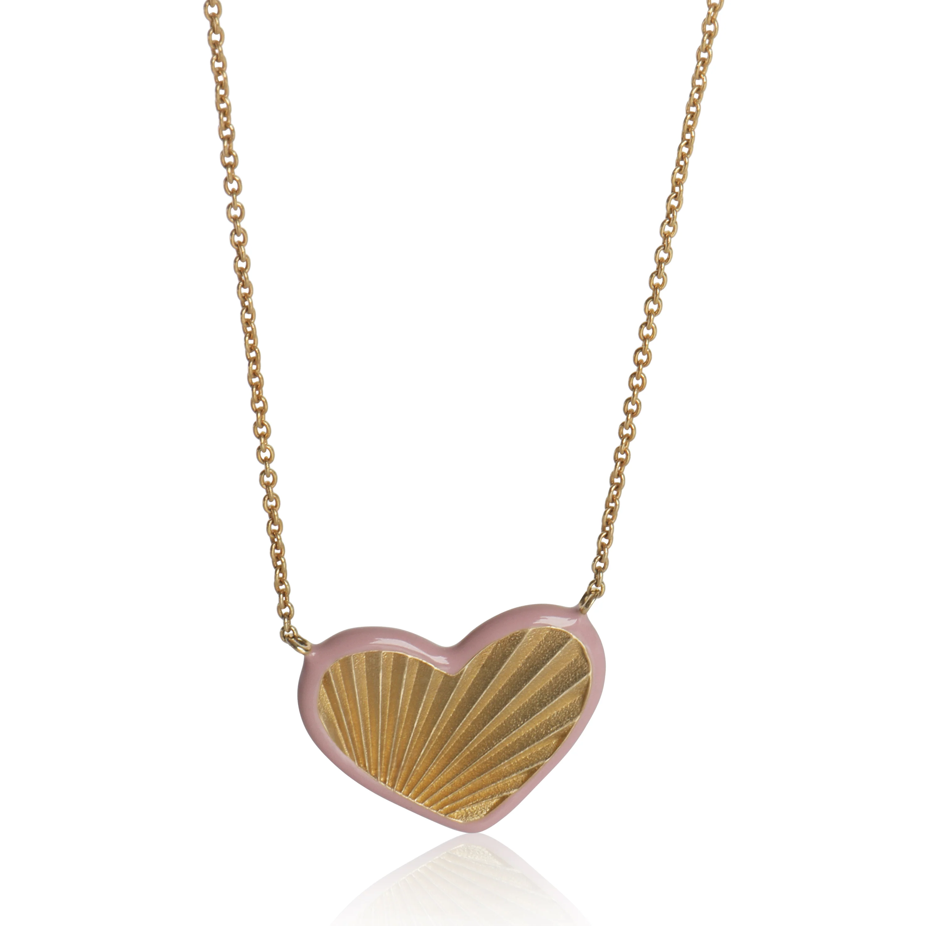 Yellow Gold  Sunburst Heart Pink Enamel Pendant