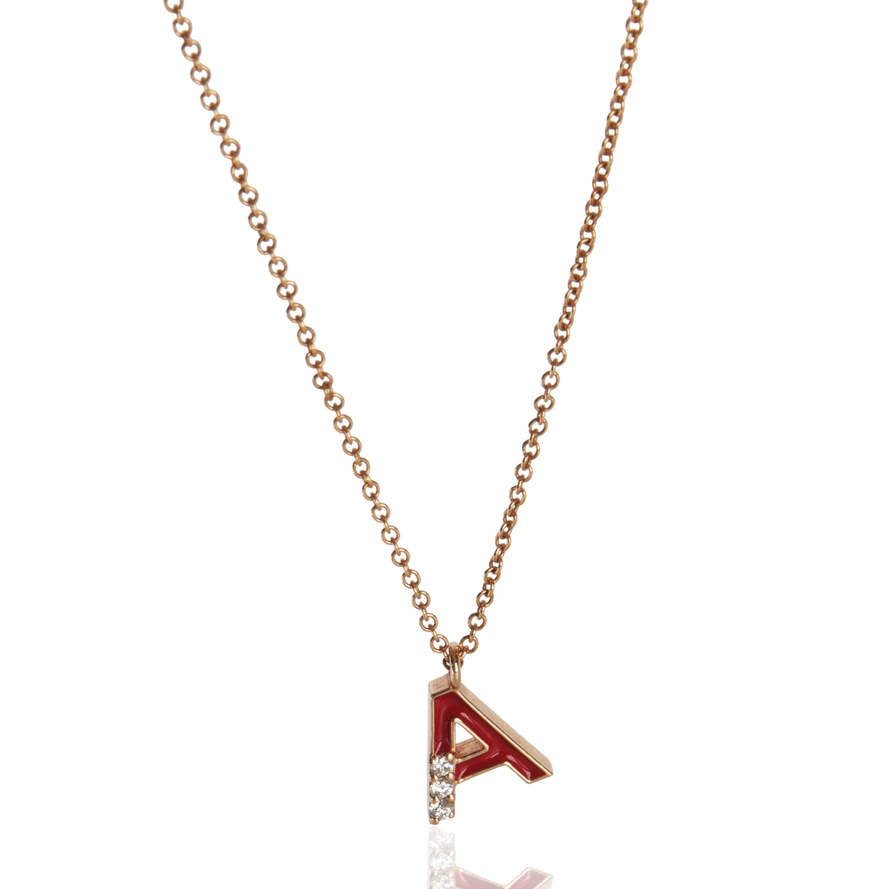 Rose Gold Diamond Mini Red Enamel Initial A Pendant