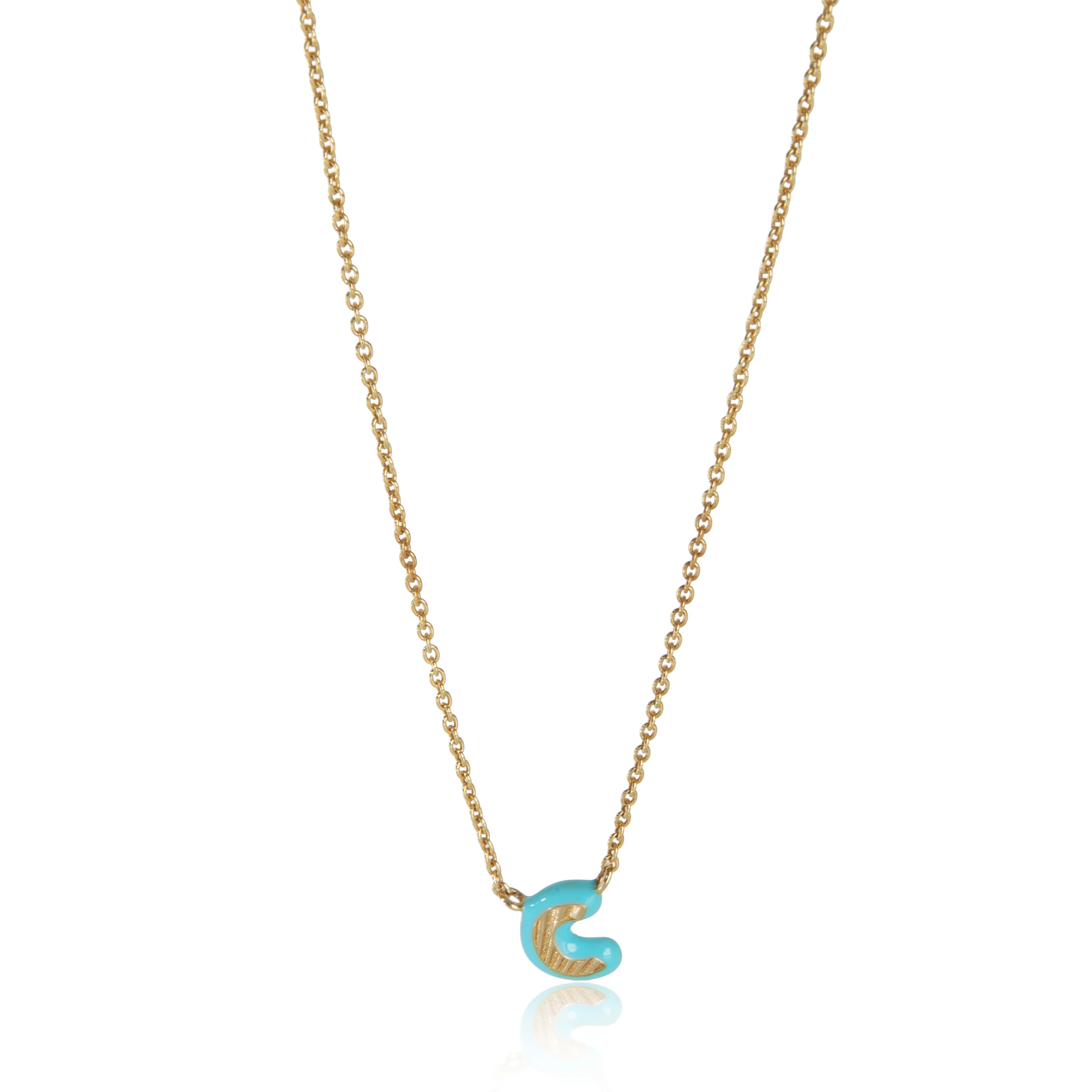 Yellow Gold Teal Enamel Mini Initial C Pendant