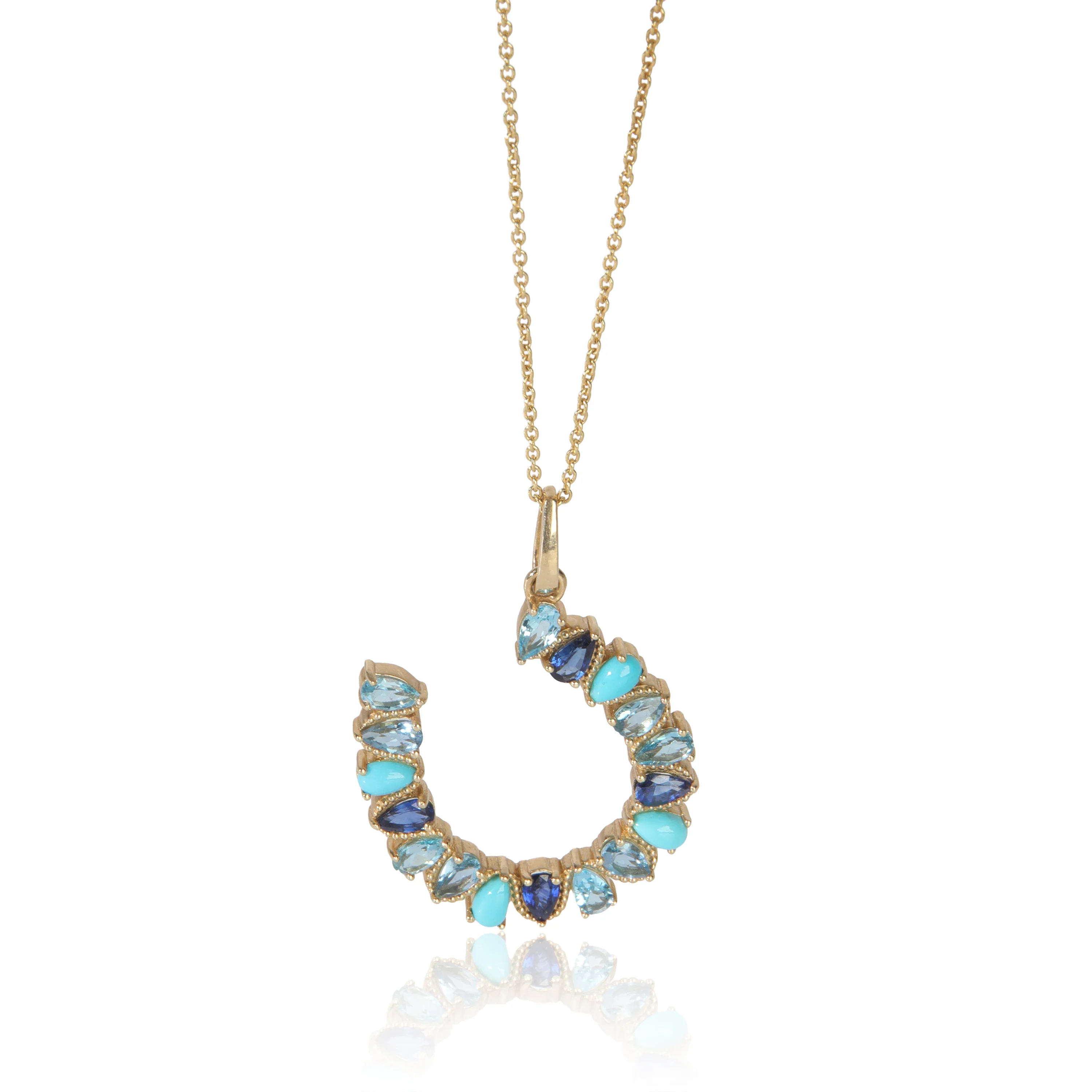 Yellow Gold Large Mixed Blue Gemstone Horseshoe Pendant