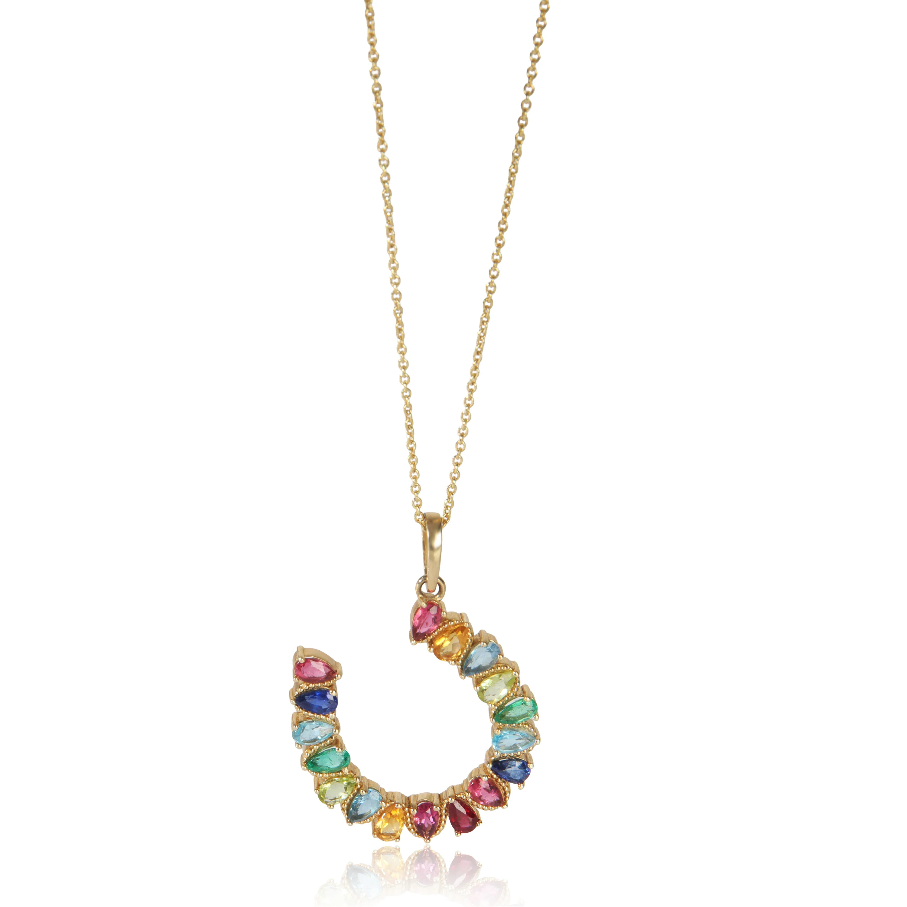 Yellow Gold Large Rainbow Gemstone Horseshoe Pendant