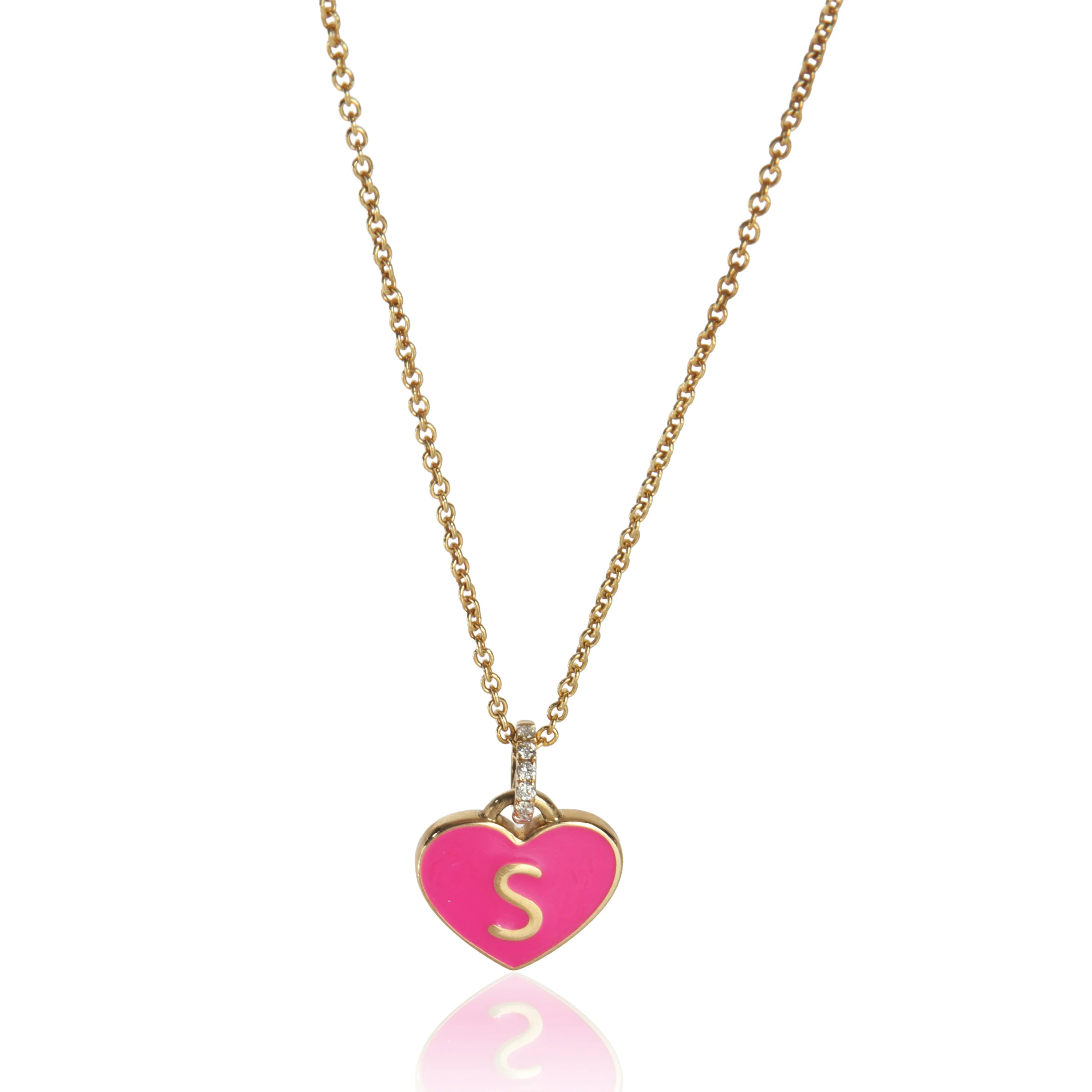 Yellow Gold Diamond Hot Pink Enamel Heart With Initial S Pendant - Image 2