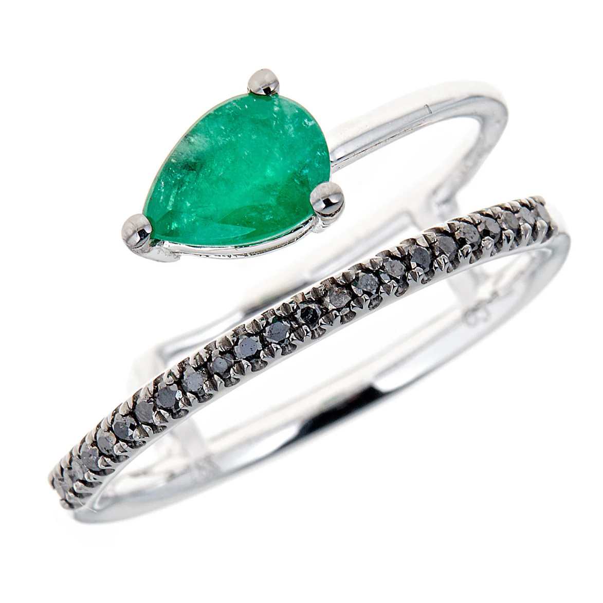 White Gold Emerald and Diamond Bypass Ring - Image 2
