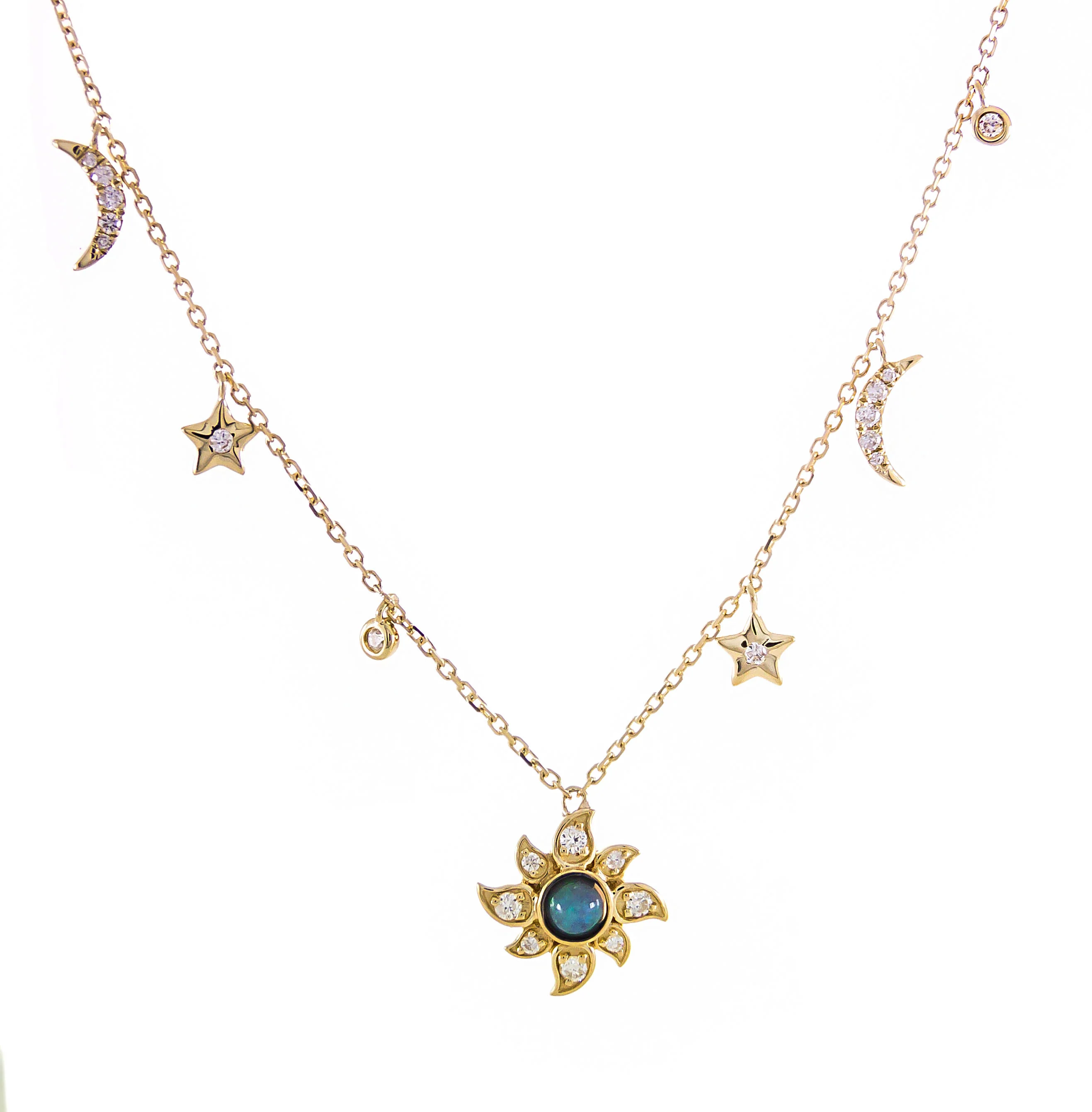 Yellow Gold Opal and Diamond Sun, Moon & Stars Necklace