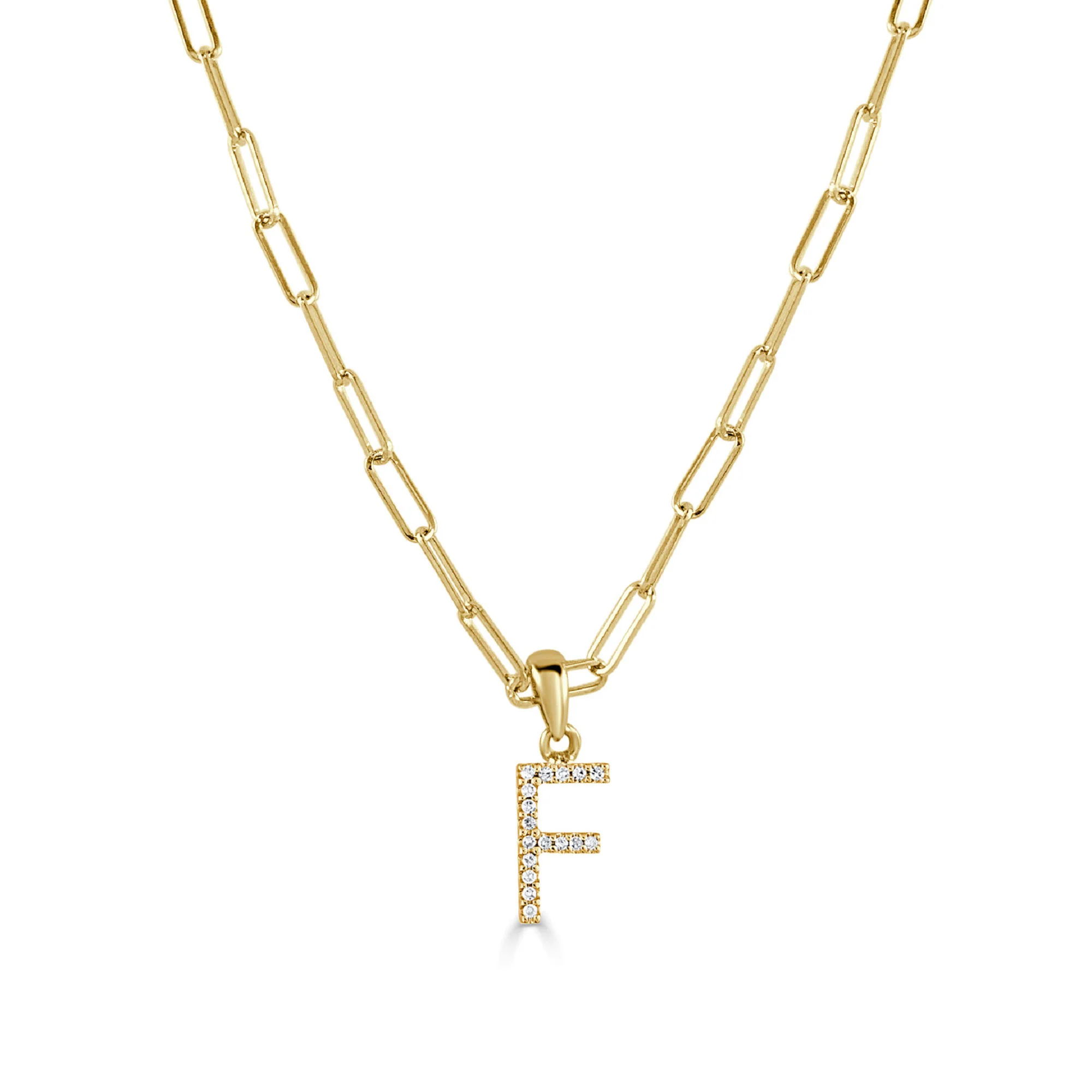 Diamond Paperclip Initial F Necklace in 14K Yellow Gold