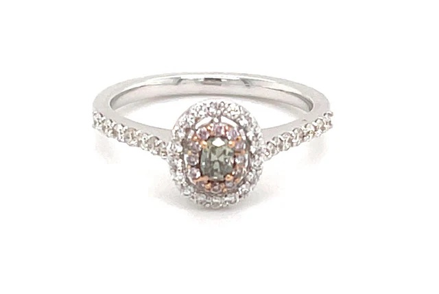 Green, Pink & White Diamond Halo Engagement Ring in 18K White Gold, 0.53 Ctw