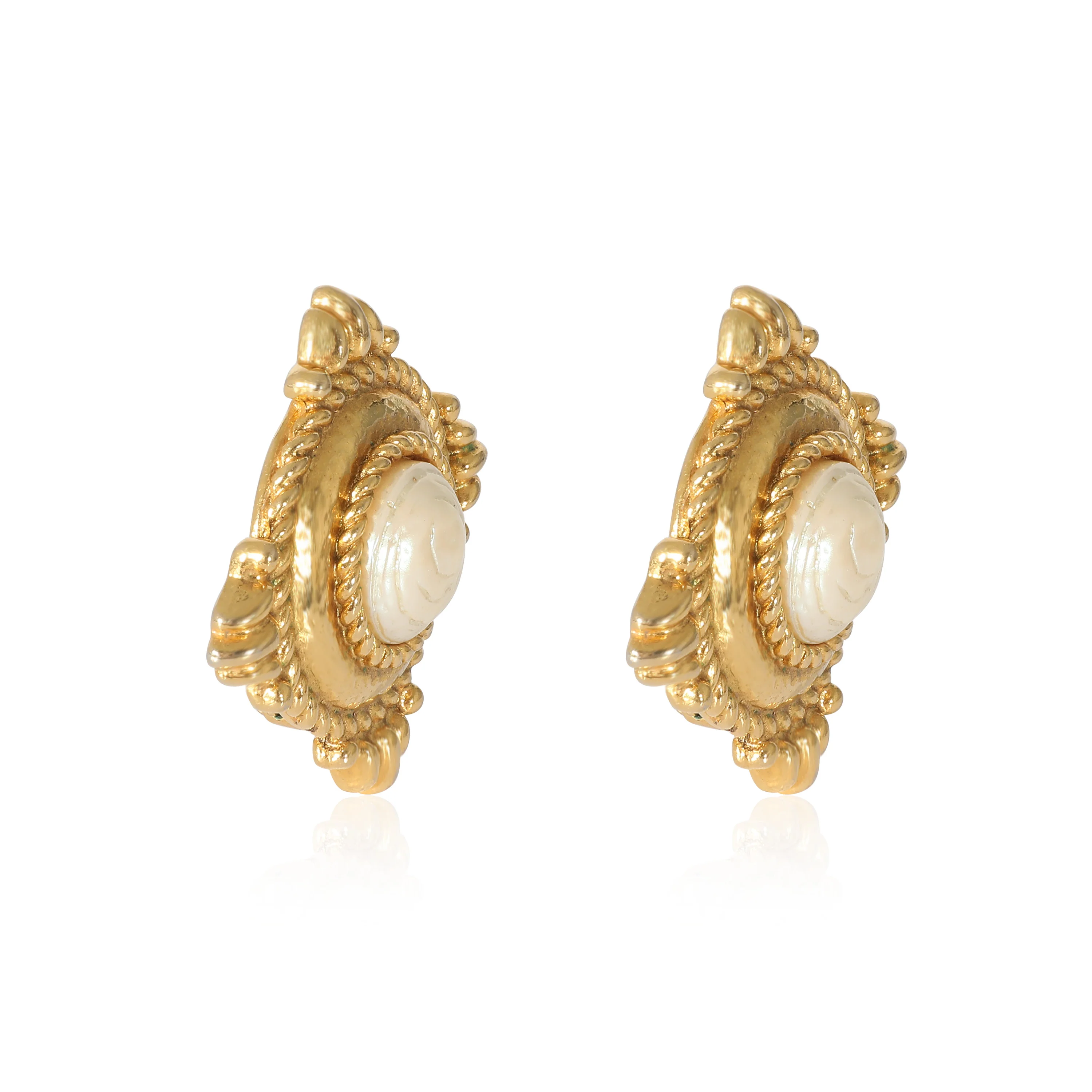YSL Gold Tone Faux Pearl Clip on Earrings - Image 2