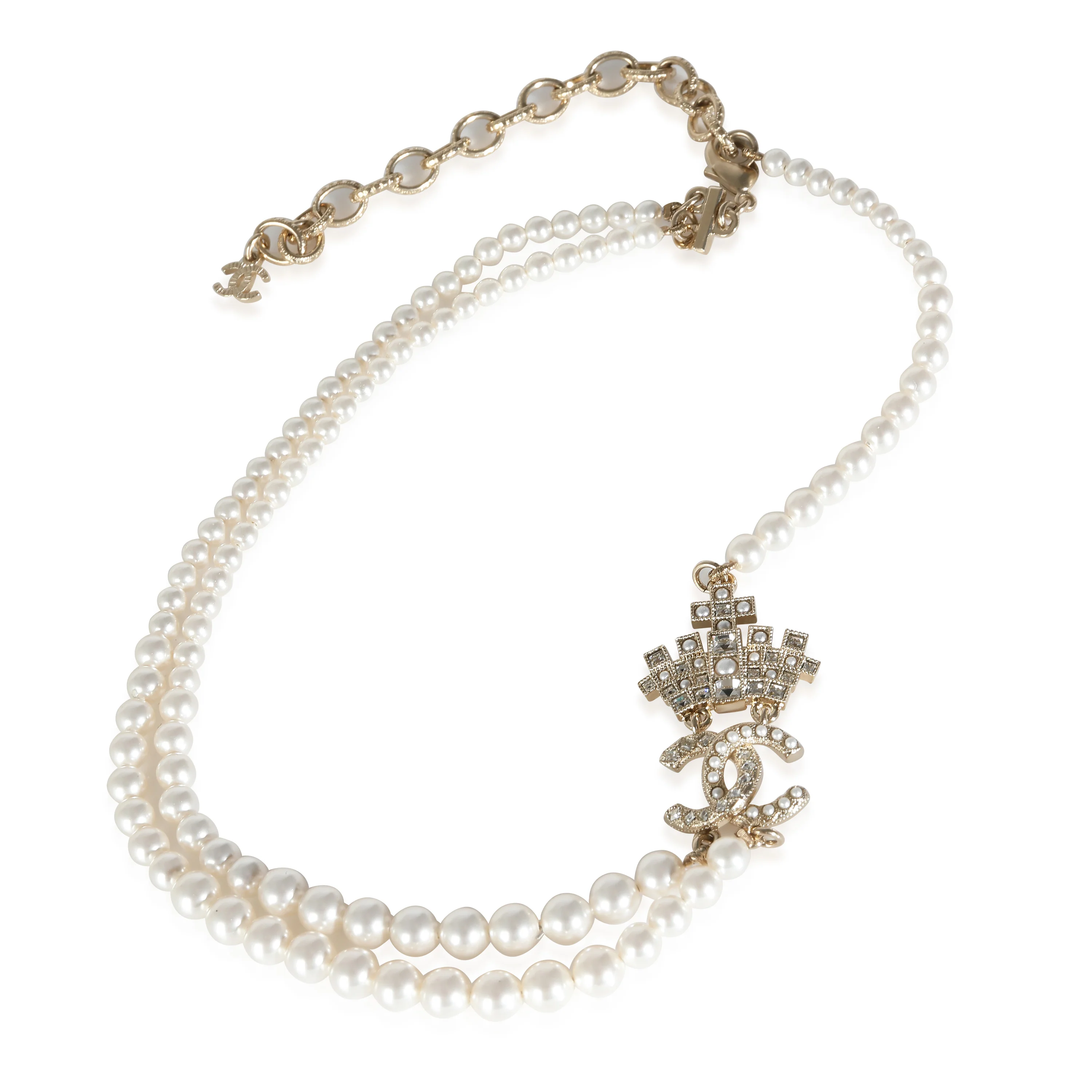 2021 Faux Pearl & Strass CC Yellow Gold Plated Necklace - Image 2