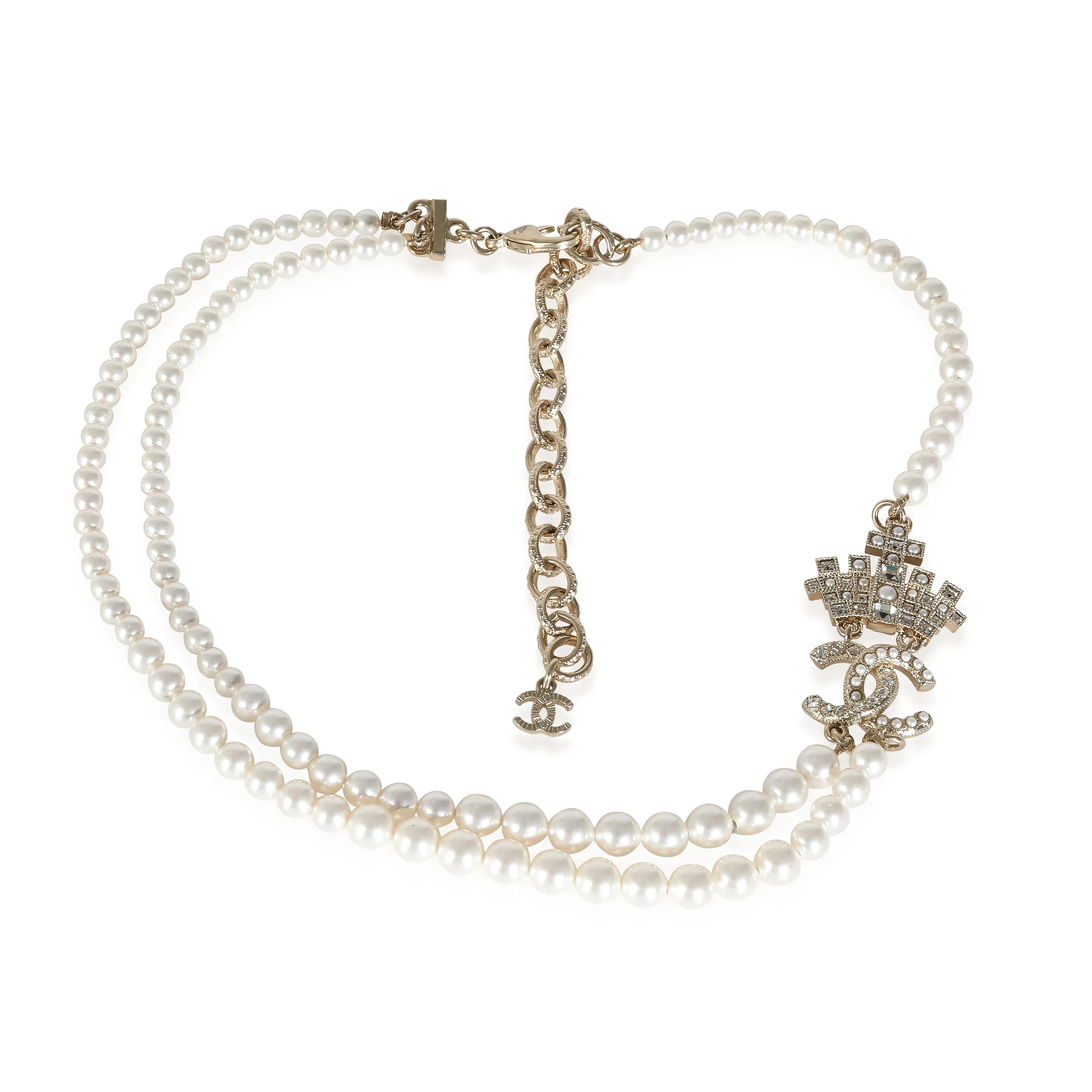 2021 Faux Pearl & Strass CC Yellow Gold Plated Necklace - Image 3