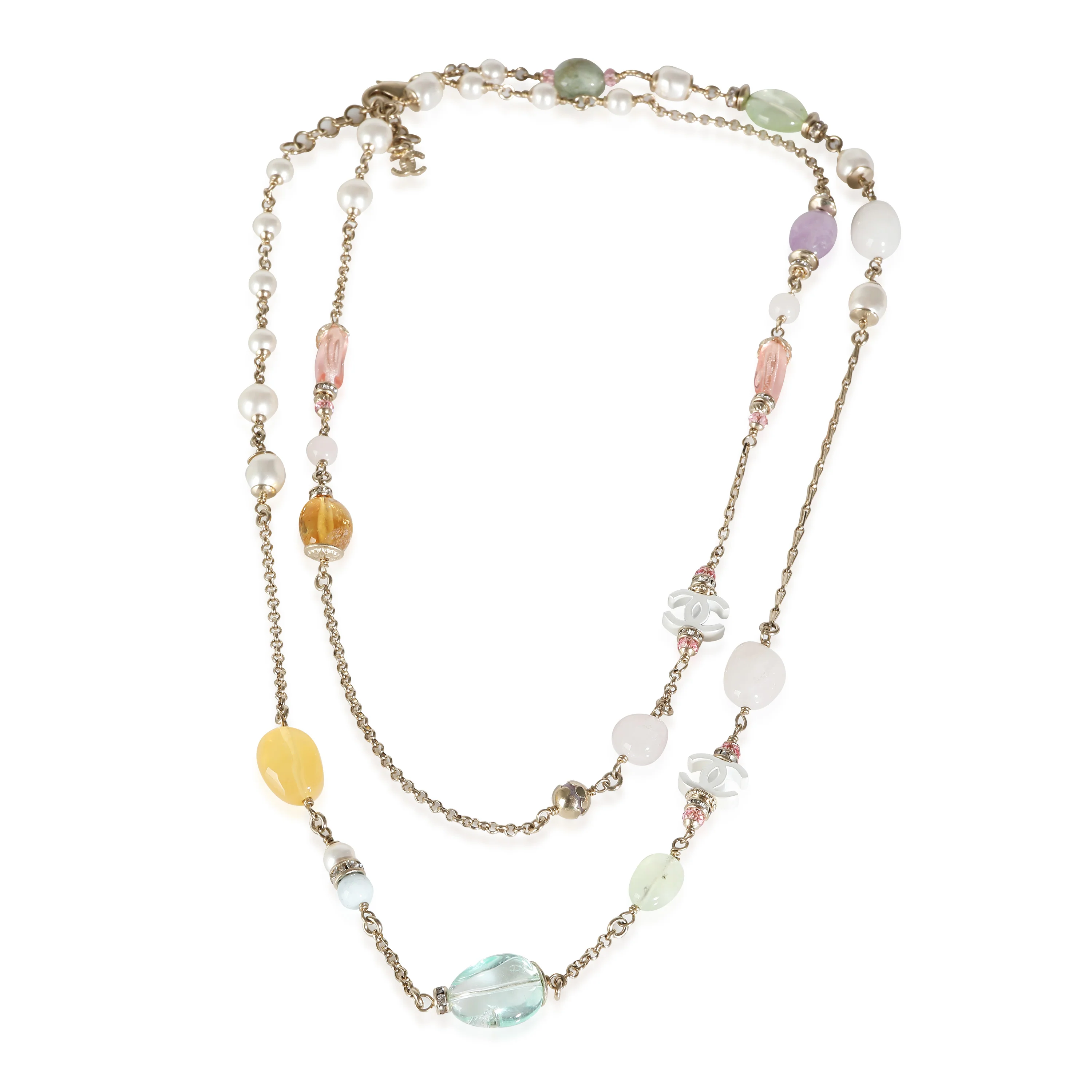 2022 Long Faux Pearl, Gripoix & Strass CC Yellow Gold Plated Necklace - Image 2