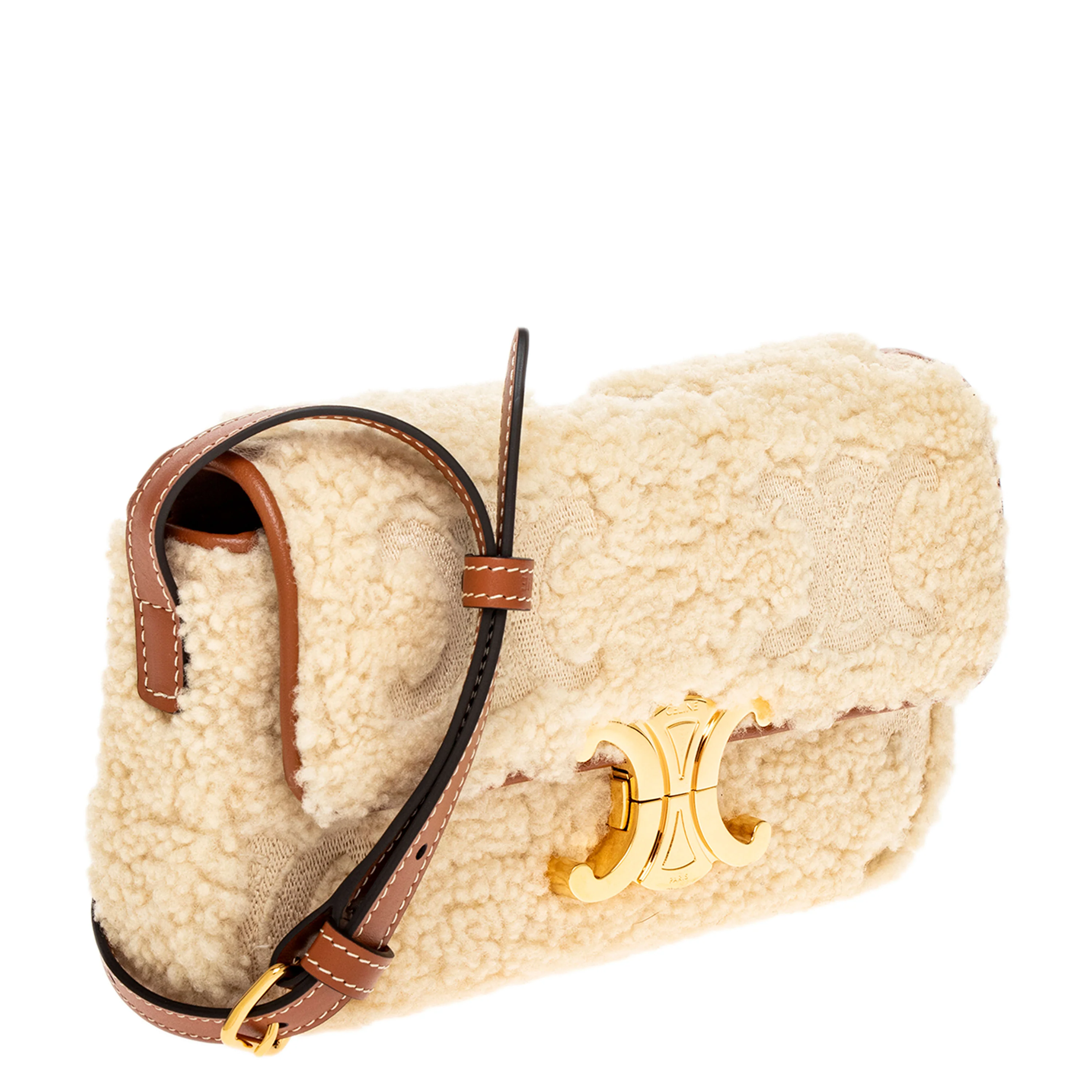 Tan Calfskin Cream Shearling Claude Shoulder Bag - Image 2