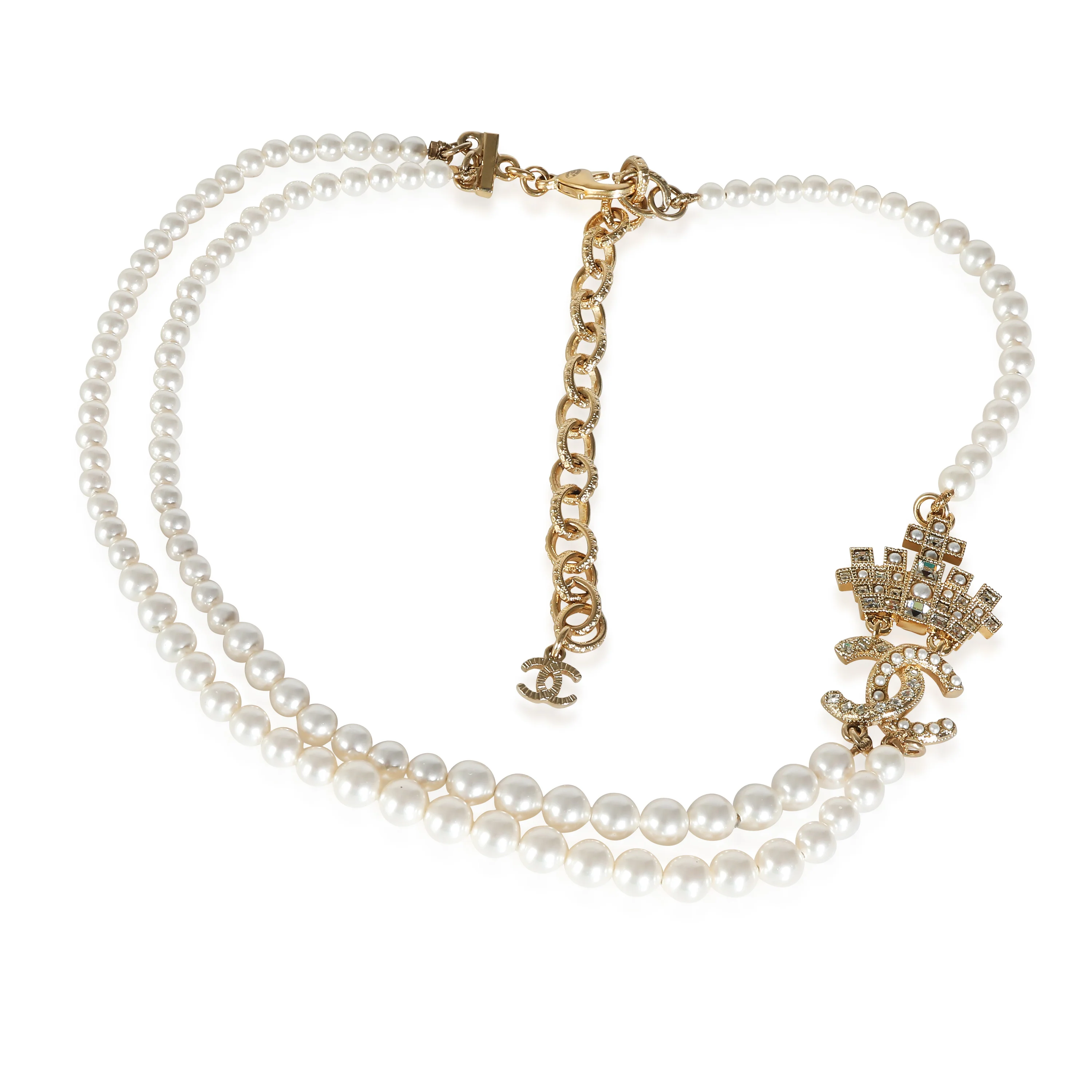 2021 Faux Pearl & Strass CC Necklace in Gold Plated - Image 3