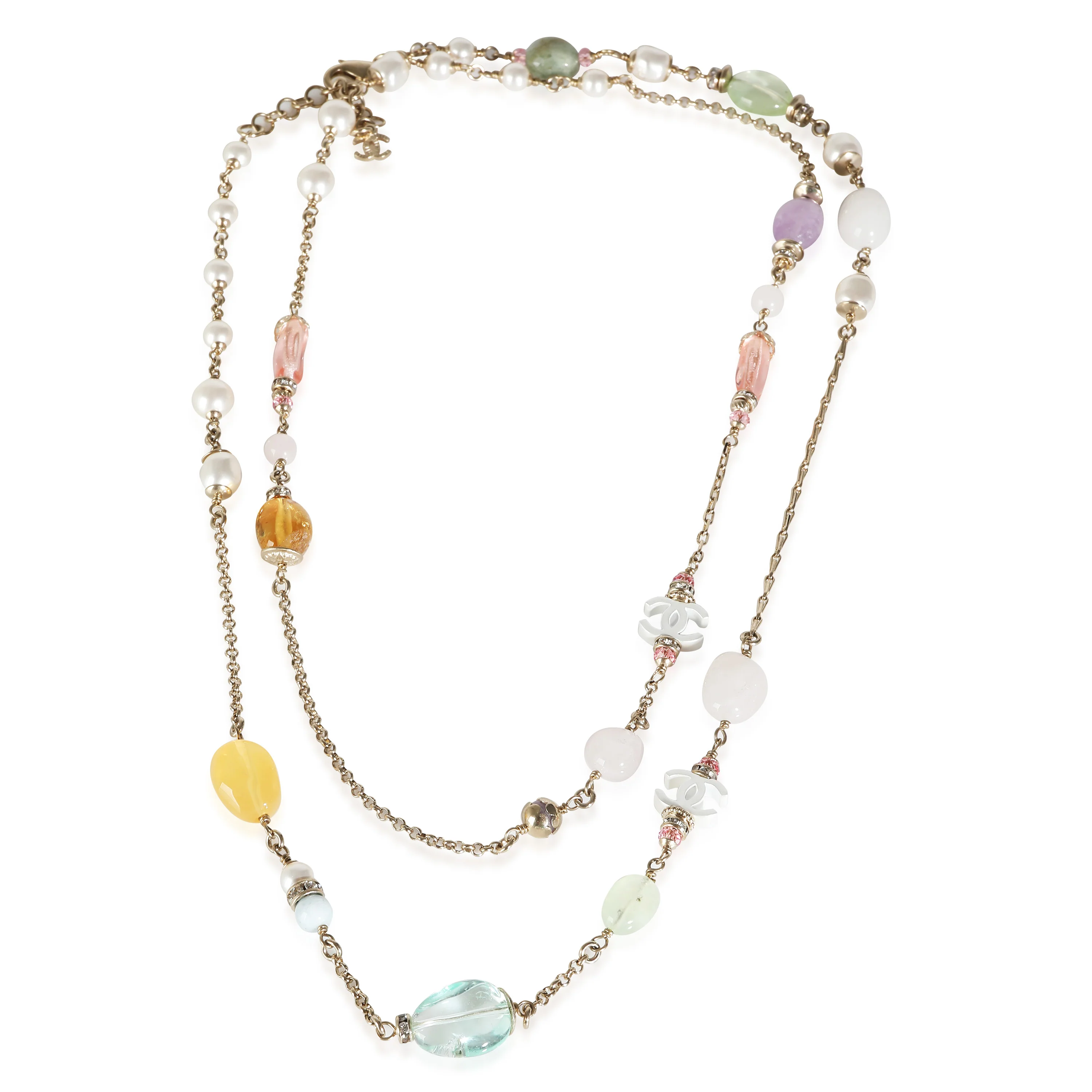 2022 Long Faux Pearl, Gripoix & Strass CC Yellow Gold Plated Necklace - Image 2