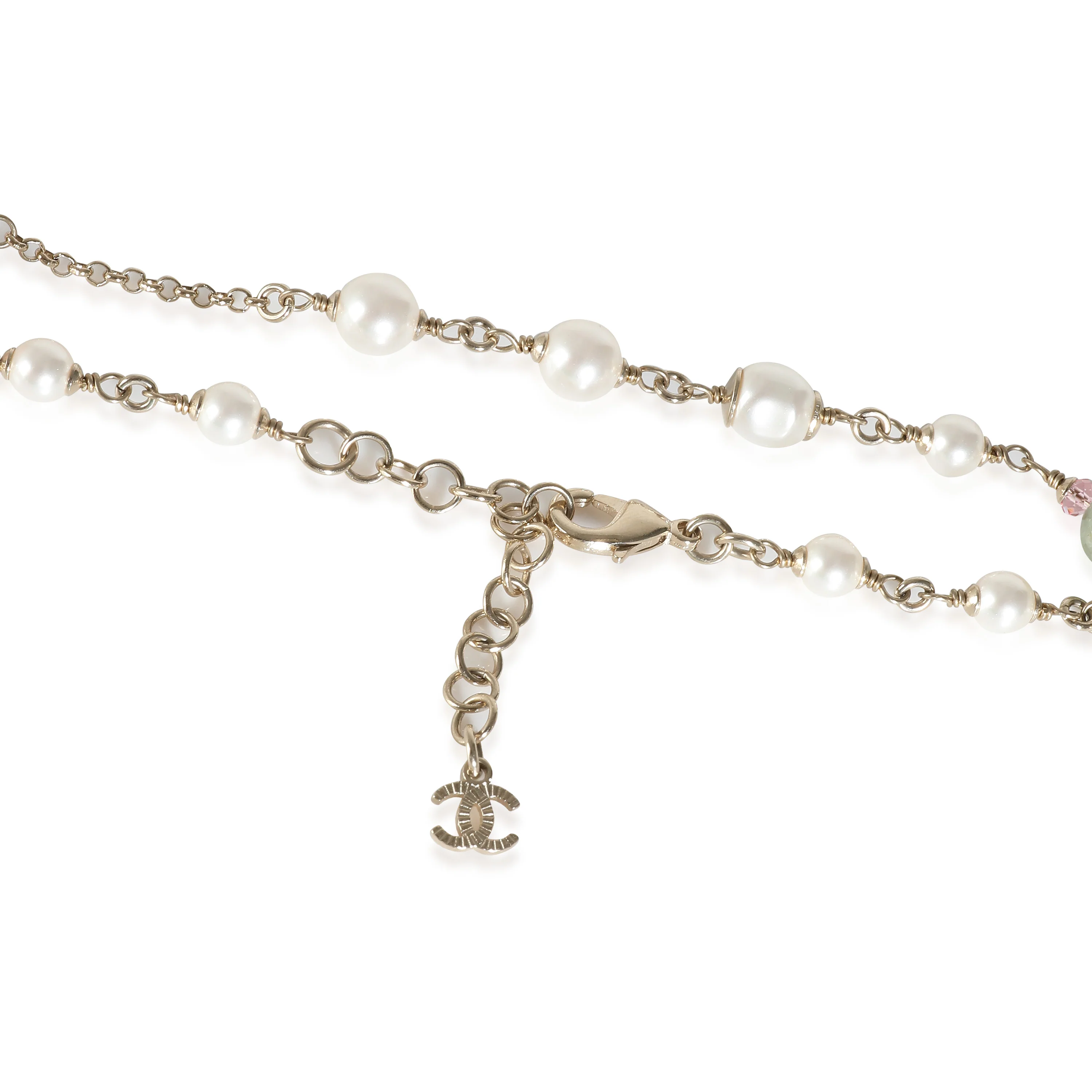 2022 Long Faux Pearl, Gripoix & Strass CC Yellow Gold Plated Necklace - Image 3