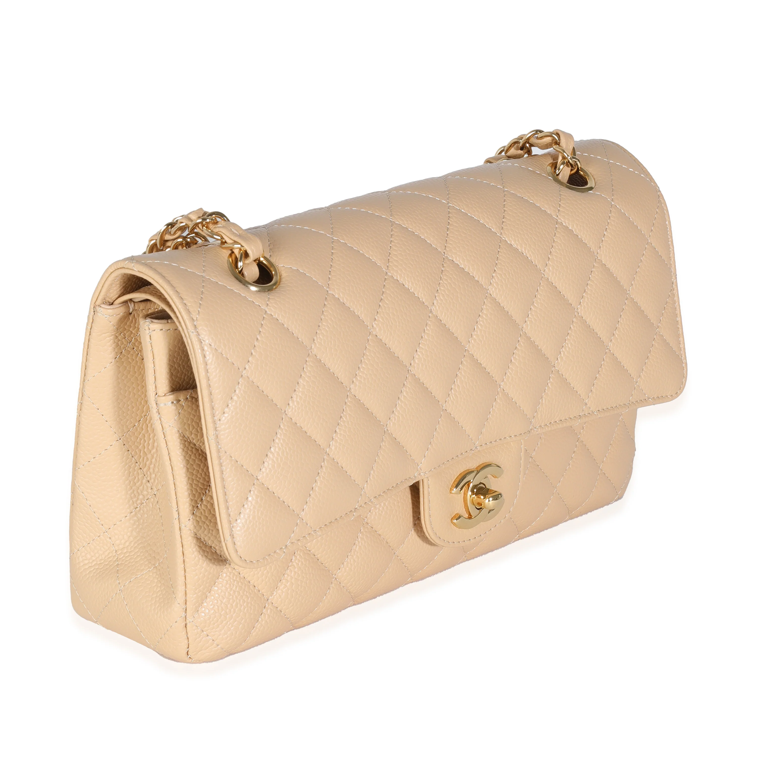Beige Quilted Caviar Medium Classic Double Flap Handbag - Image 3