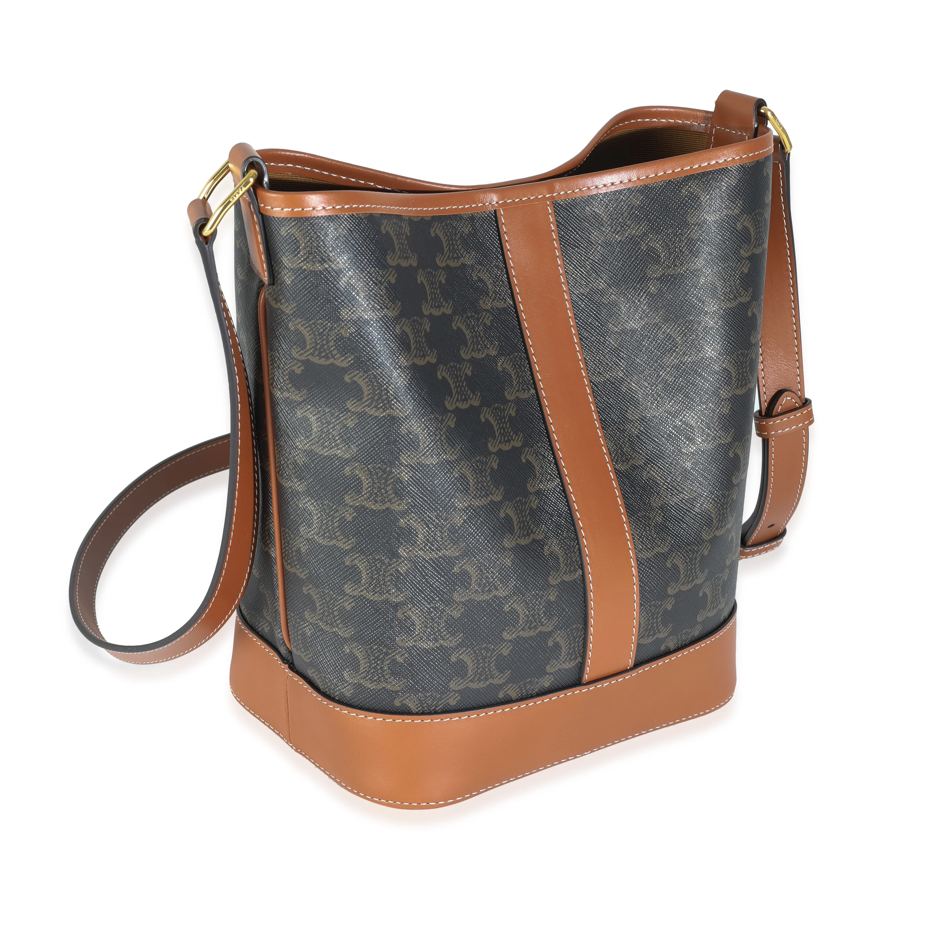 Tan Calfskin Triomphe Canvas Small Bucket Bag - Image 3